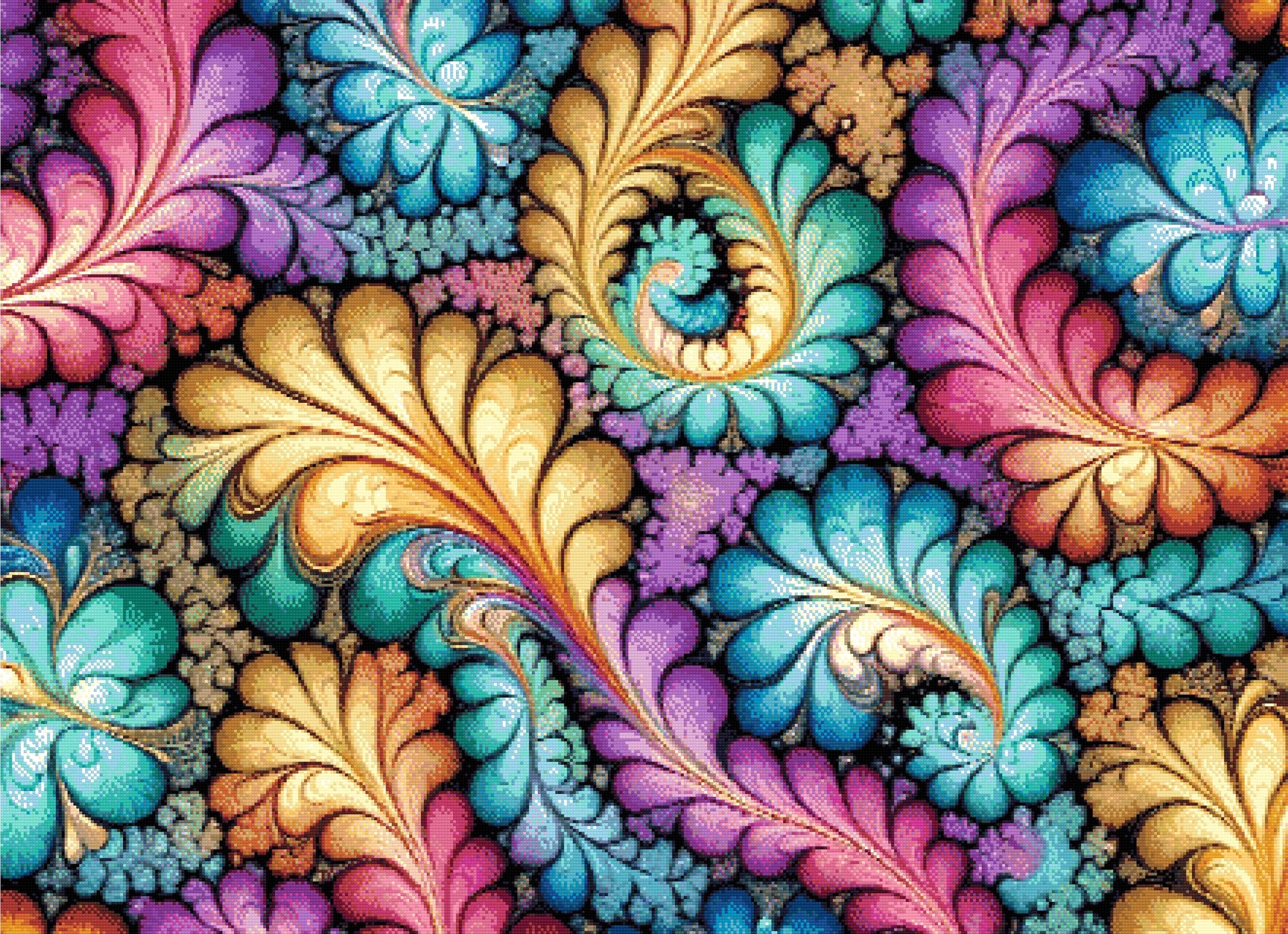 A Diamond Painting Rendering Of Colourful Fractal Art With Swirling Patterns Resembling Flower Petals In Multiple Hues. Size - 110cm X 80cm