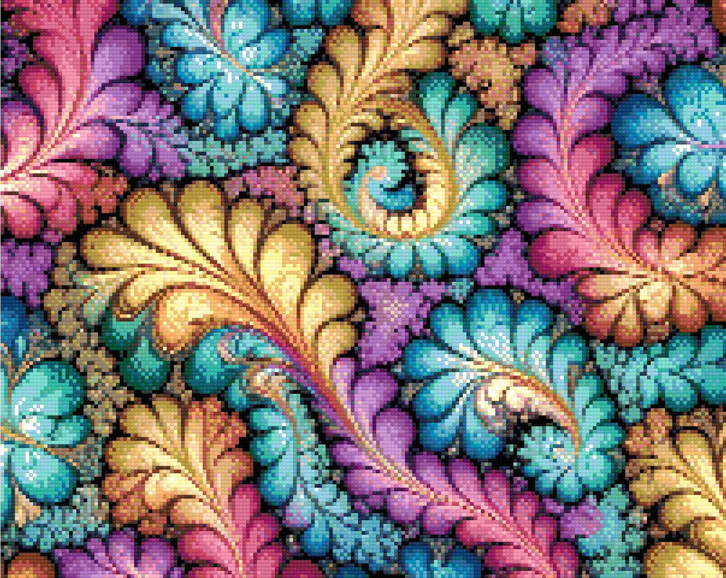 A Diamond Painting Rendering Of Colourful Fractal Art With Swirling Patterns Resembling Flower Petals In Multiple Hues. Size - 50cm X 40cm