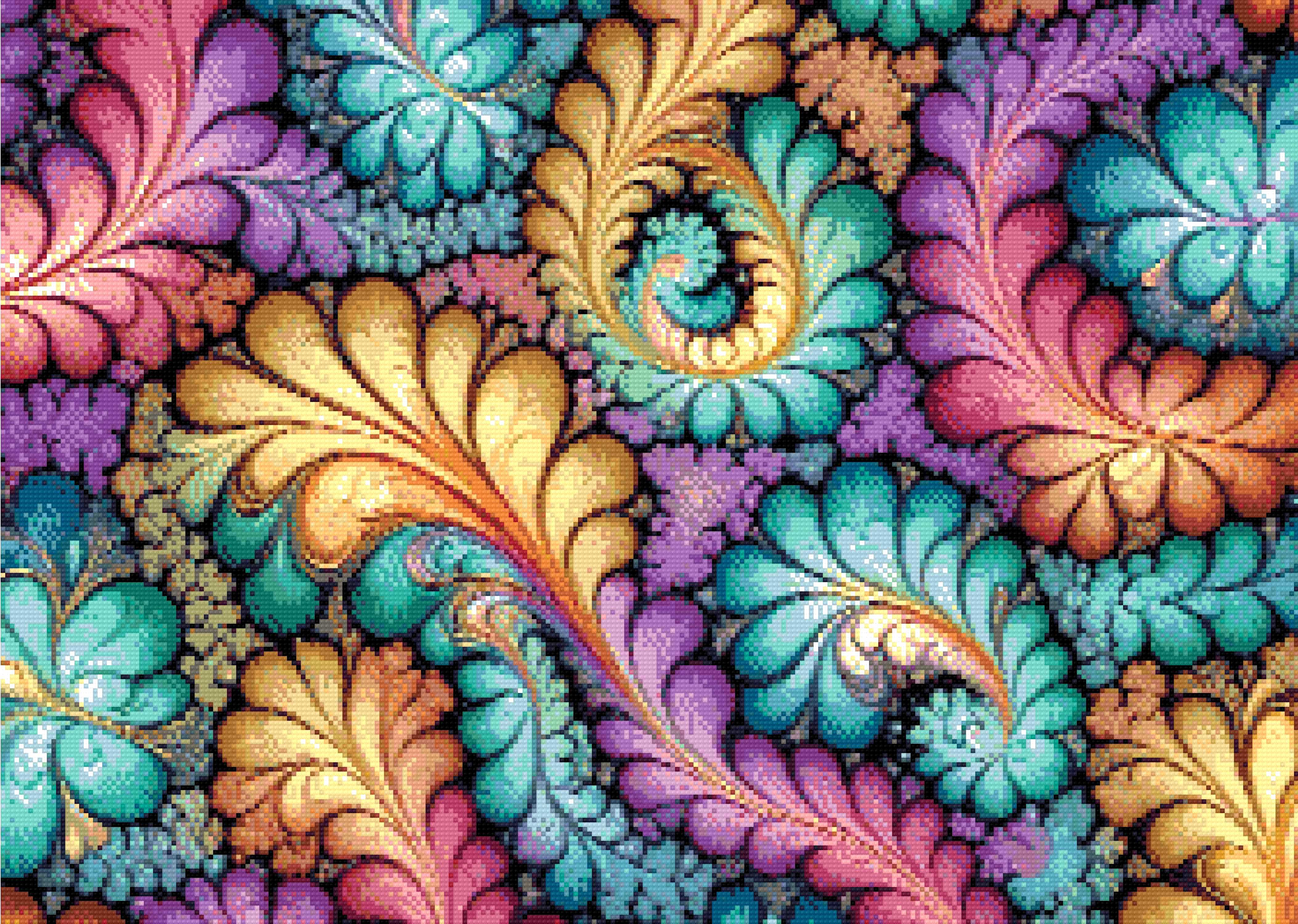 A Diamond Painting Rendering Of Colourful Fractal Art With Swirling Patterns Resembling Flower Petals In Multiple Hues. Size - 70cm X 50cm