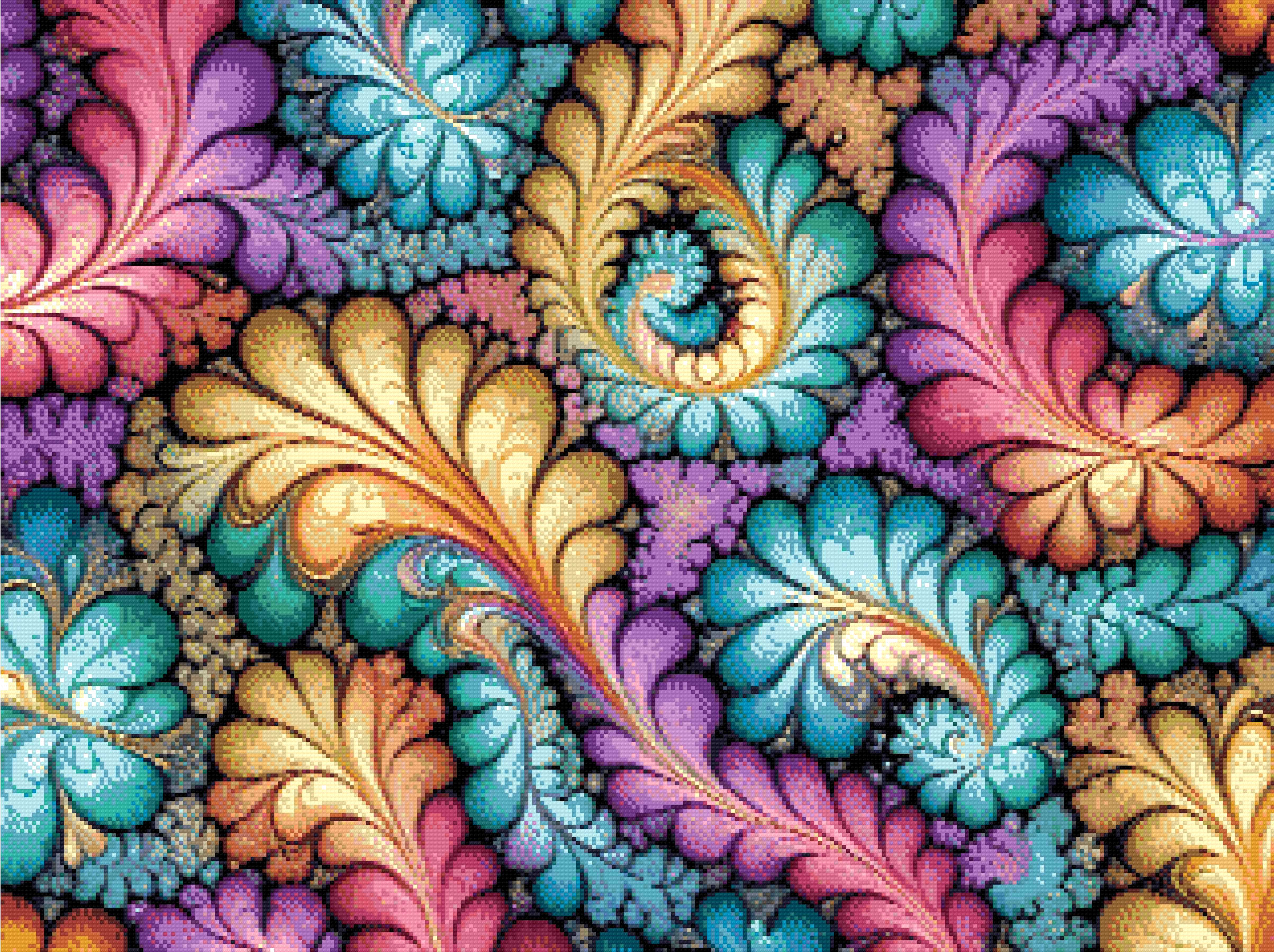 A Diamond Painting Rendering Of Colourful Fractal Art With Swirling Patterns Resembling Flower Petals In Multiple Hues. Size - 80cm X 60cm