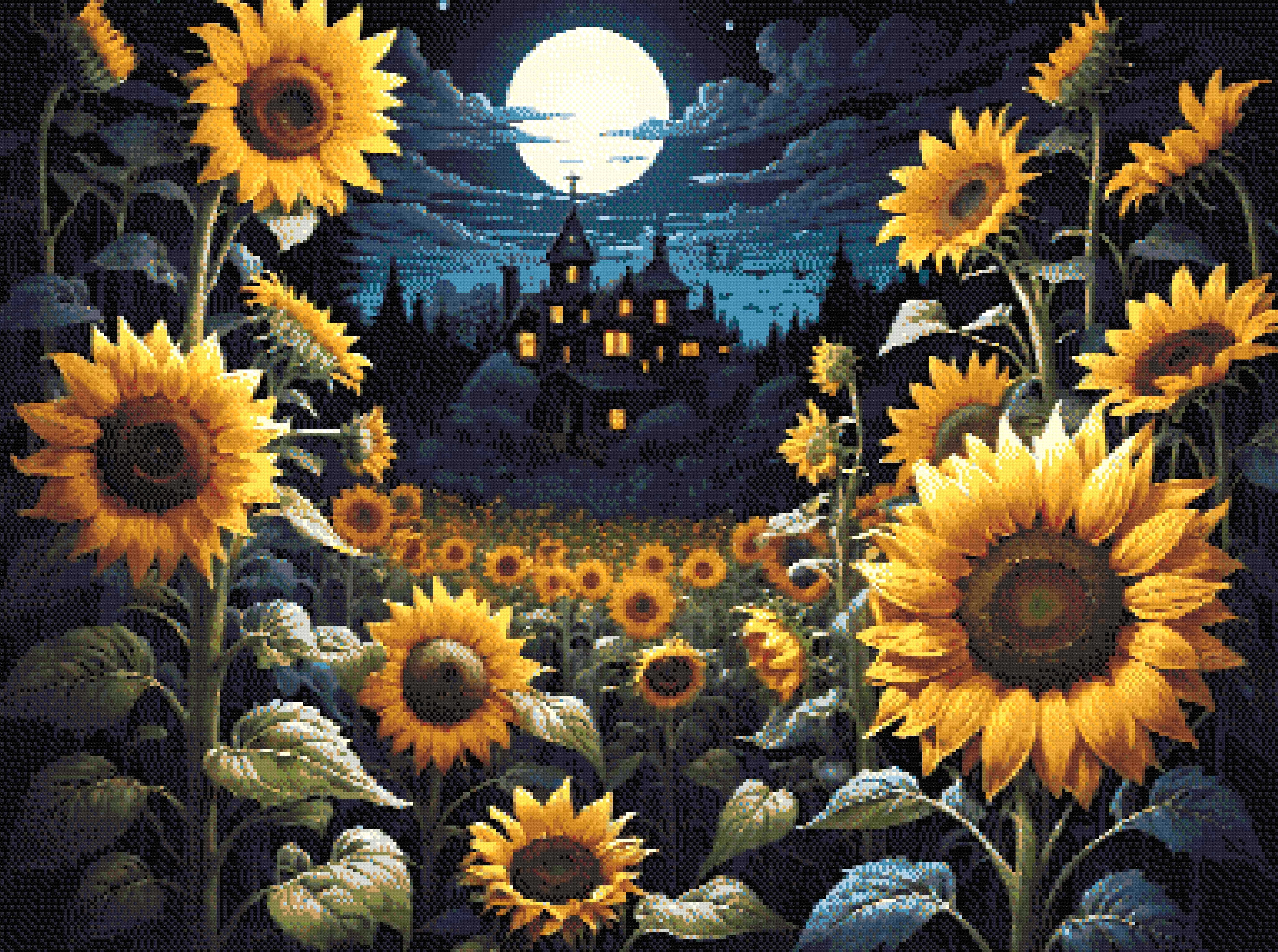 A Diamond Painting Rendering Of Sunflowers Under A Moonlit Sky With A Victorian House In The Background, Radiating A Mystical Aura. Size - 110cm X 80cm