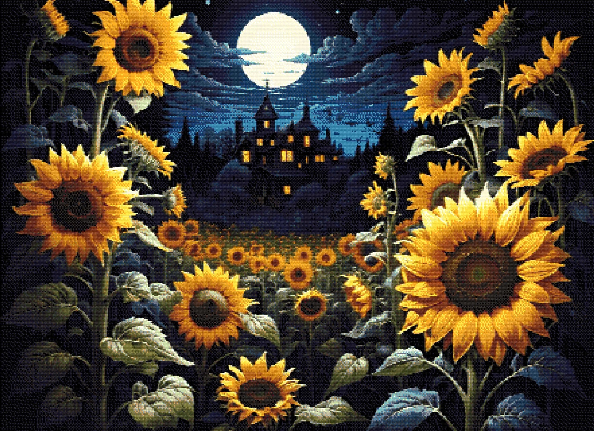 A Diamond Painting Rendering Of Sunflowers Under A Moonlit Sky With A Victorian House In The Background, Radiating A Mystical Aura. Size - 110cm X 80cm