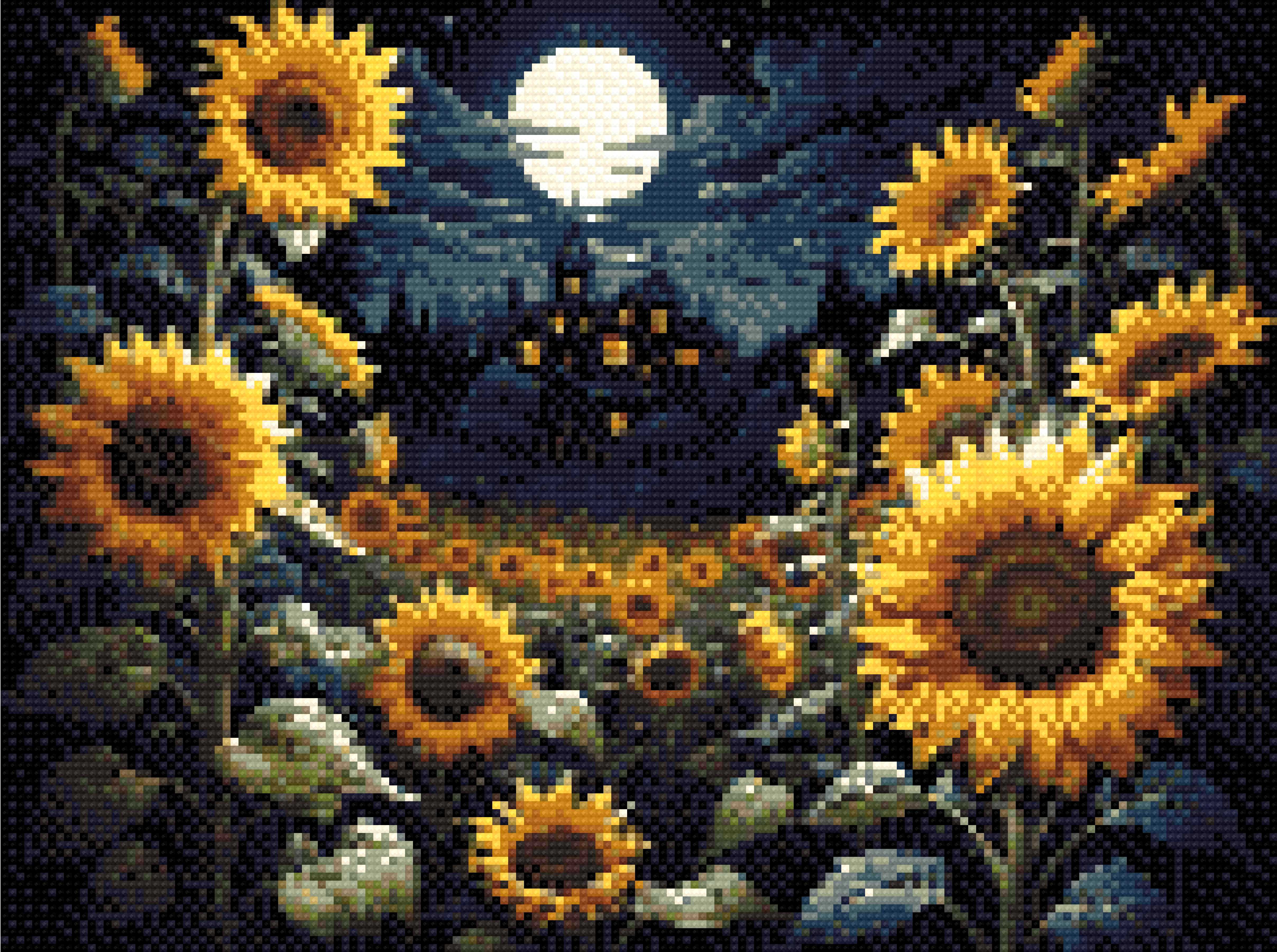 A Diamond Painting Rendering Of Sunflowers Under A Moonlit Sky With A Victorian House In The Background, Radiating A Mystical Aura. Size - 40cm X 30cm