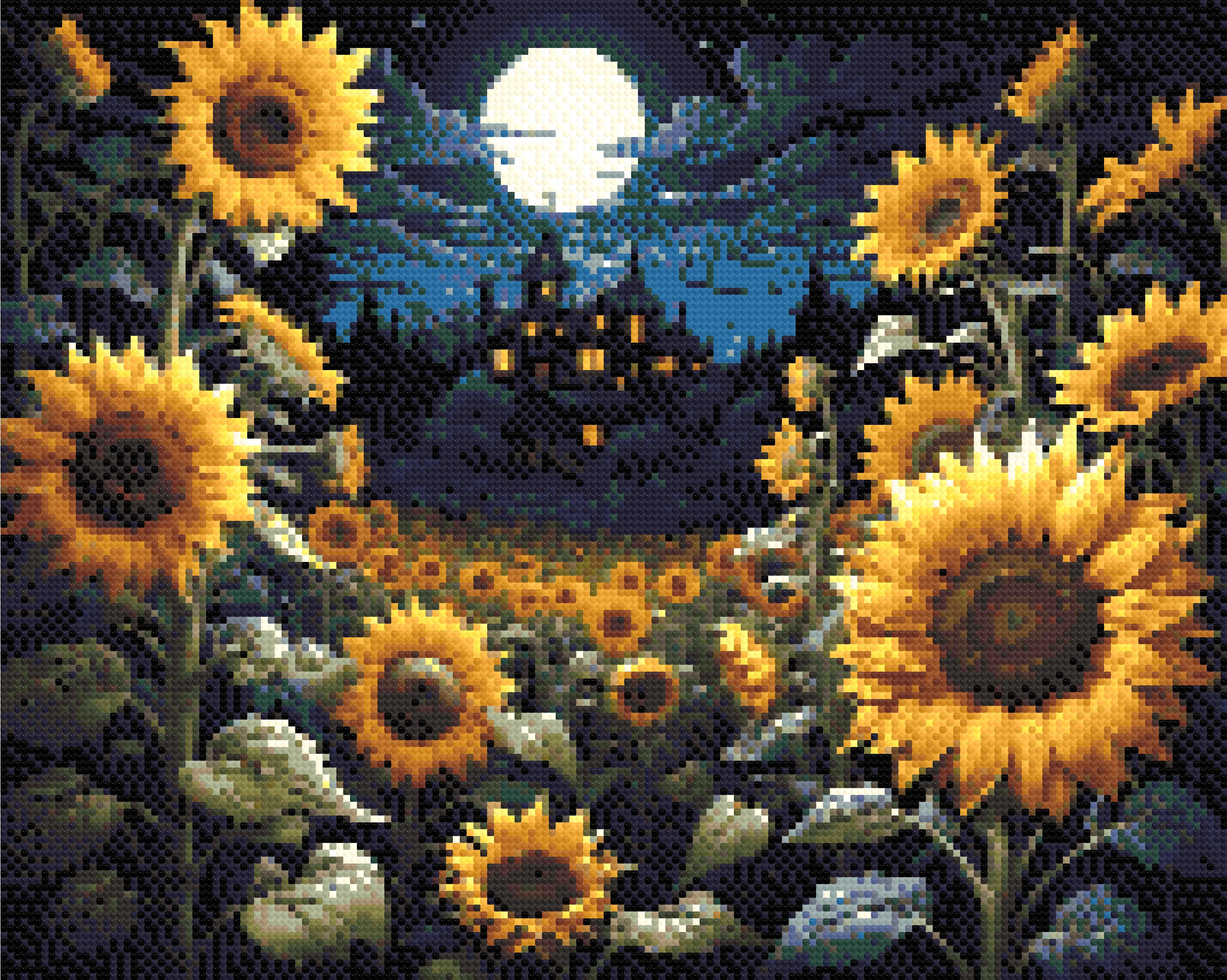 A Diamond Painting Rendering Of Sunflowers Under A Moonlit Sky With A Victorian House In The Background, Radiating A Mystical Aura. Size - 50cm X 40cm