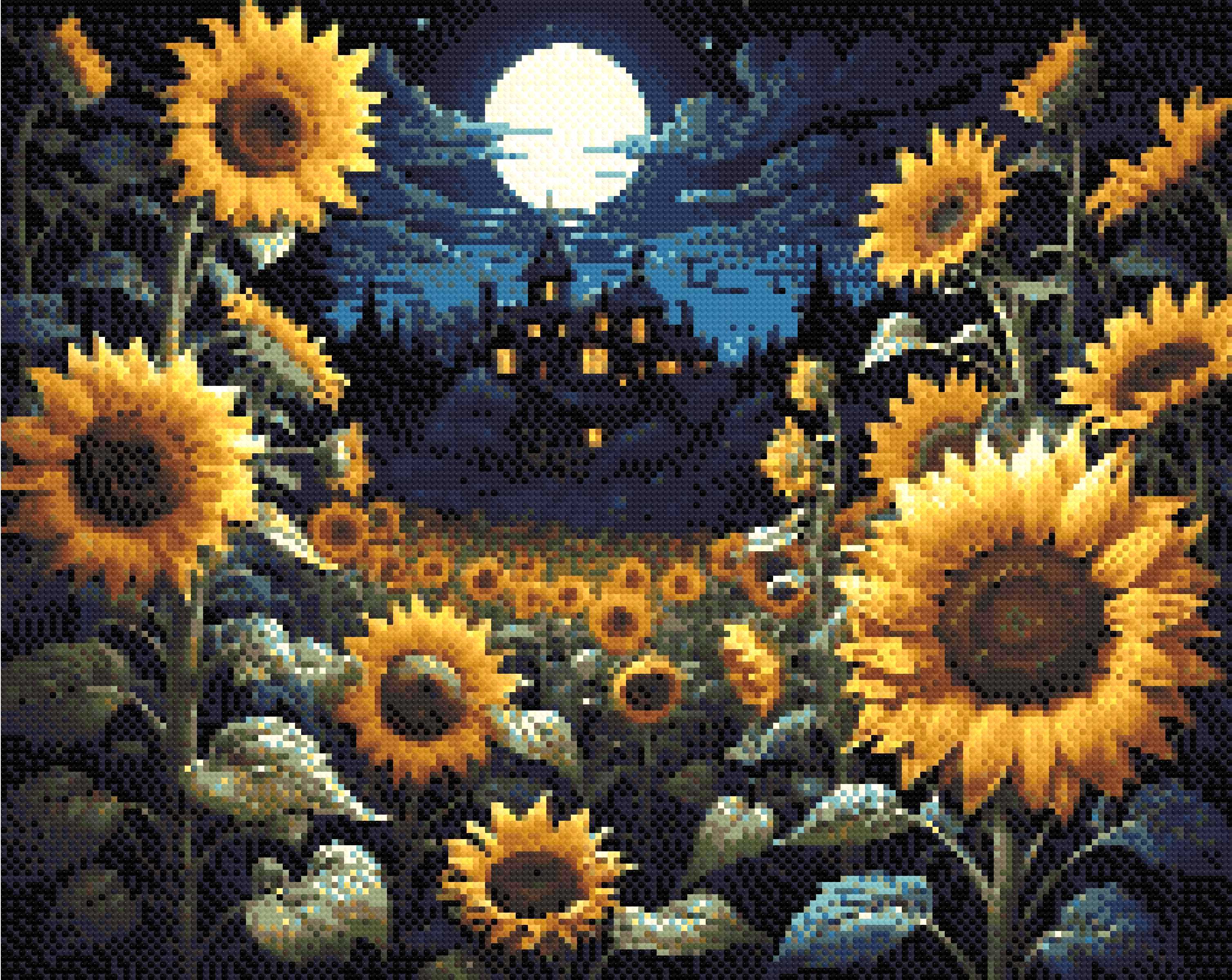 A Diamond Painting Rendering Of Sunflowers Under A Moonlit Sky With A Victorian House In The Background, Radiating A Mystical Aura. Size - 50cm X 40cm