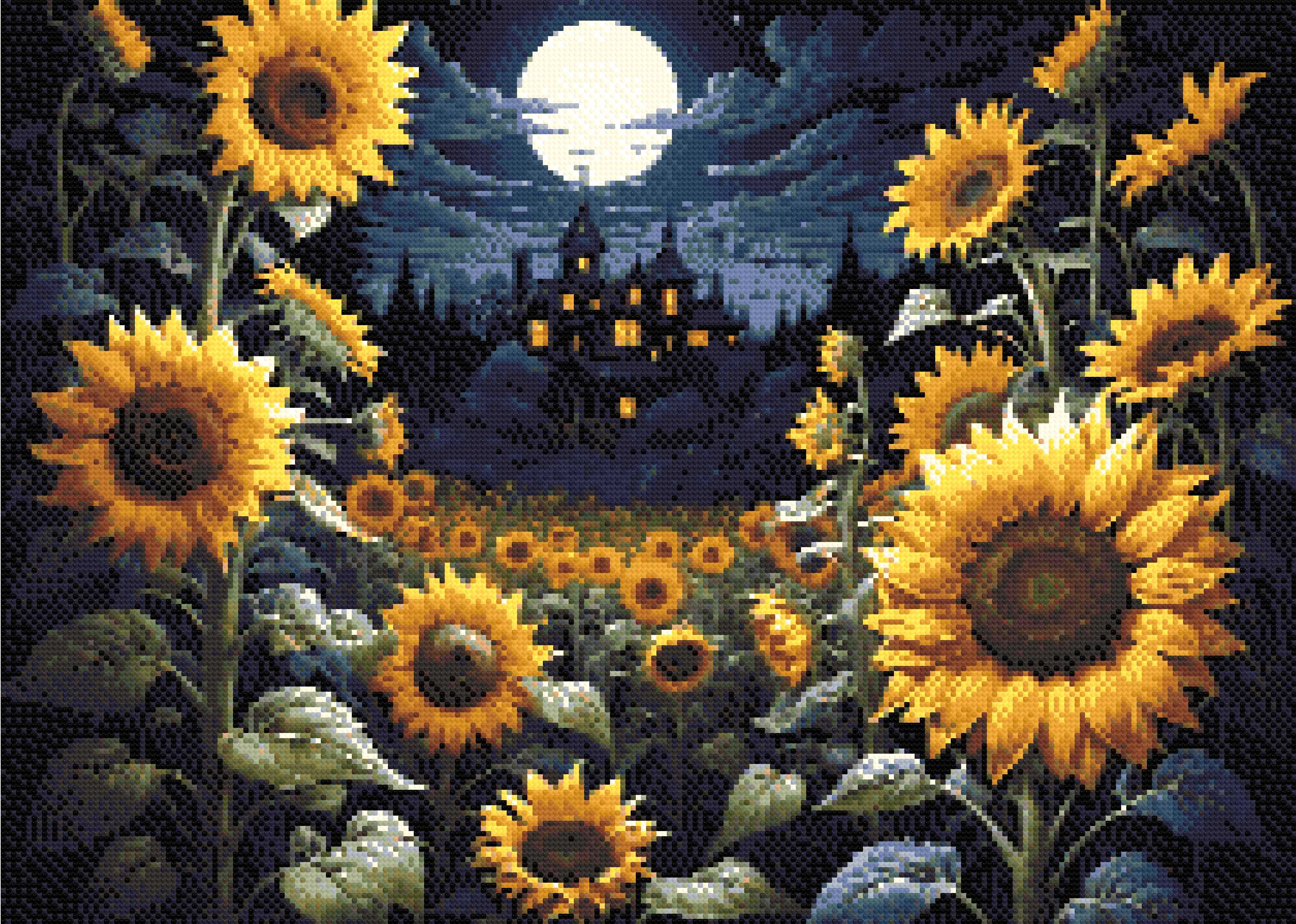 A Diamond Painting Rendering Of Sunflowers Under A Moonlit Sky With A Victorian House In The Background, Radiating A Mystical Aura. Size - 70cm X 50cm