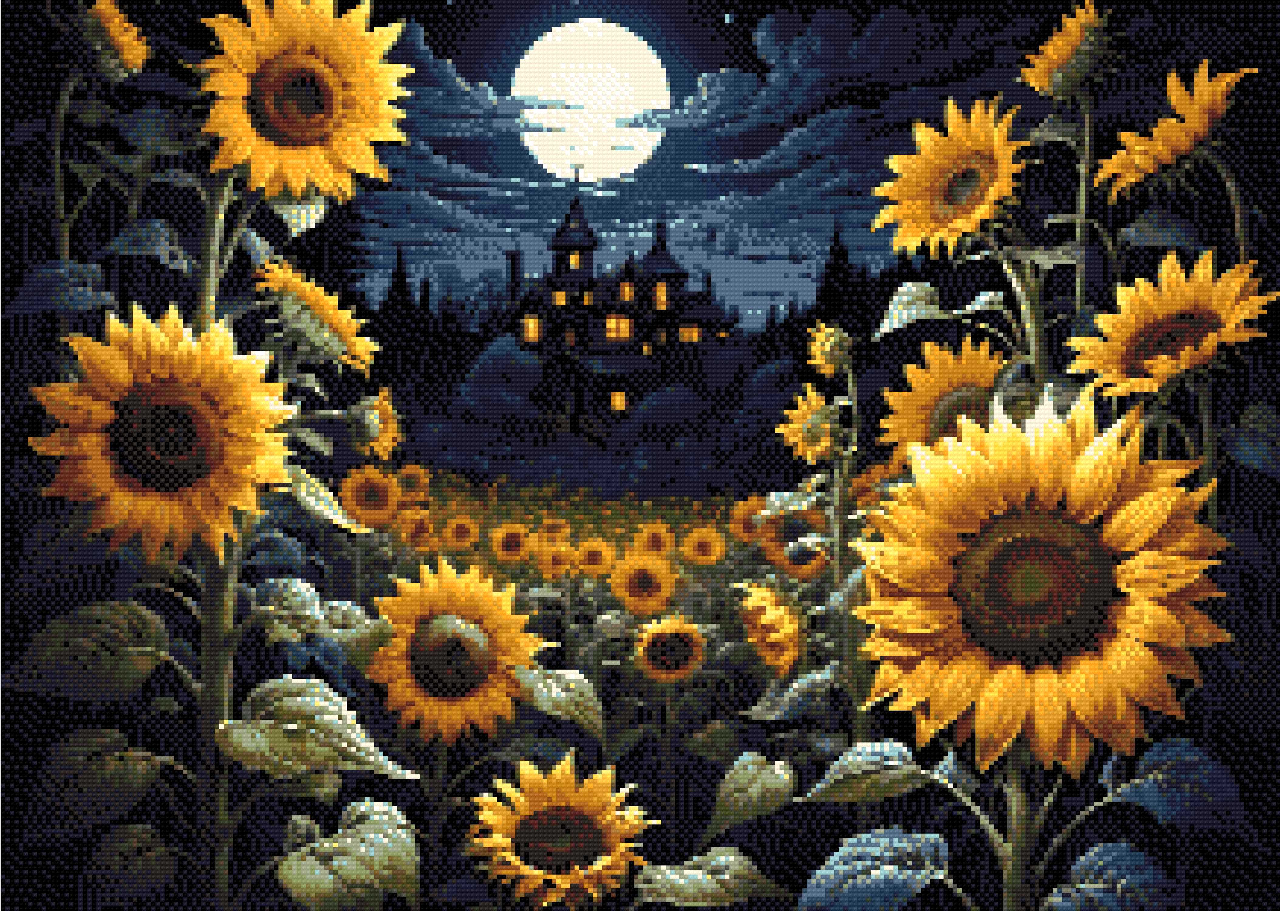 A Diamond Painting Rendering Of Sunflowers Under A Moonlit Sky With A Victorian House In The Background, Radiating A Mystical Aura. Size - 70cm X 50cm