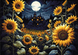 A Diamond Painting Rendering Of Sunflowers Under A Moonlit Sky With A Victorian House In The Background, Radiating A Mystical Aura. Size - 70cm X 50cm