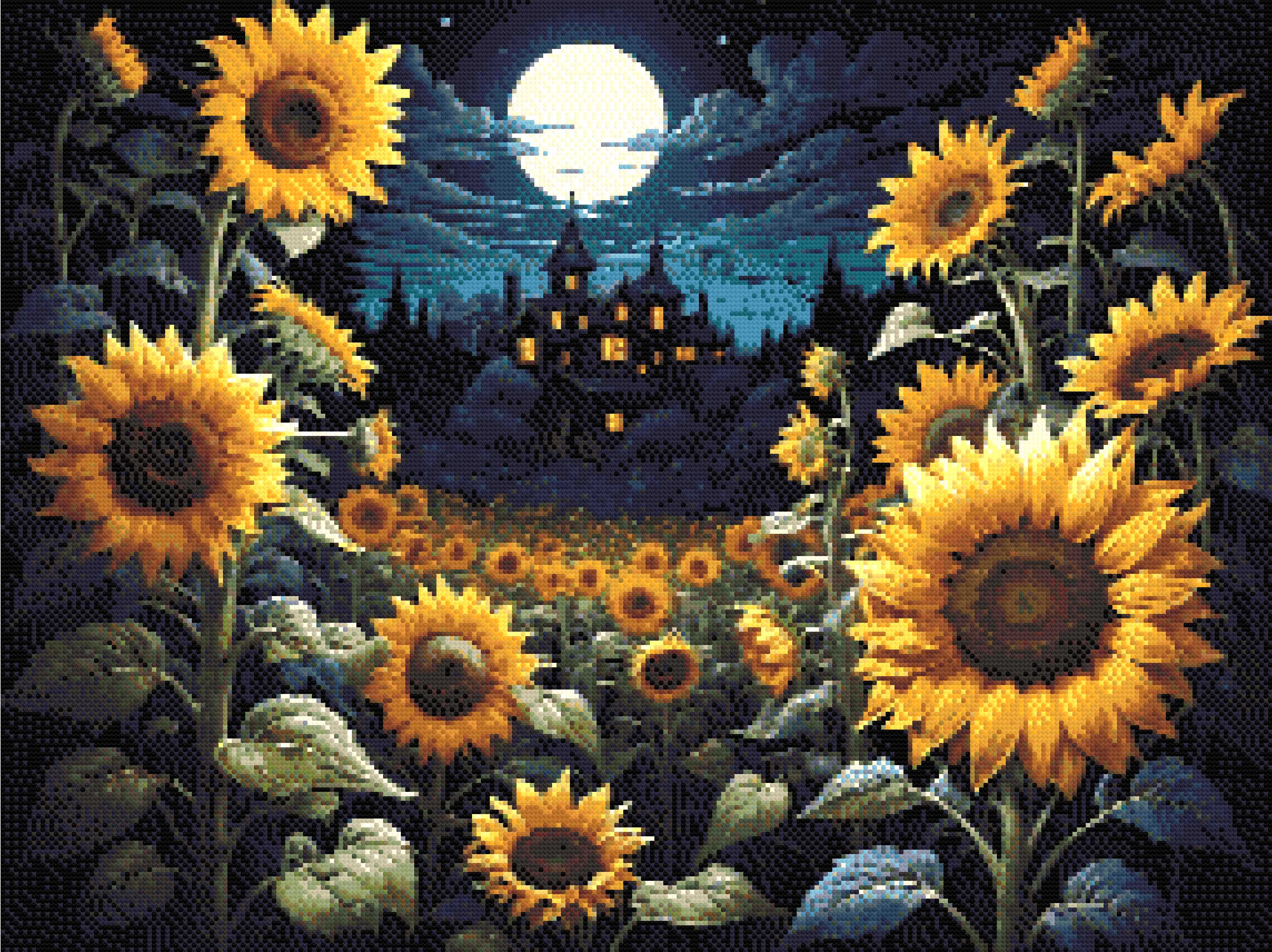 A Diamond Painting Rendering Of Sunflowers Under A Moonlit Sky With A Victorian House In The Background, Radiating A Mystical Aura. Size - 80cm X 60cm