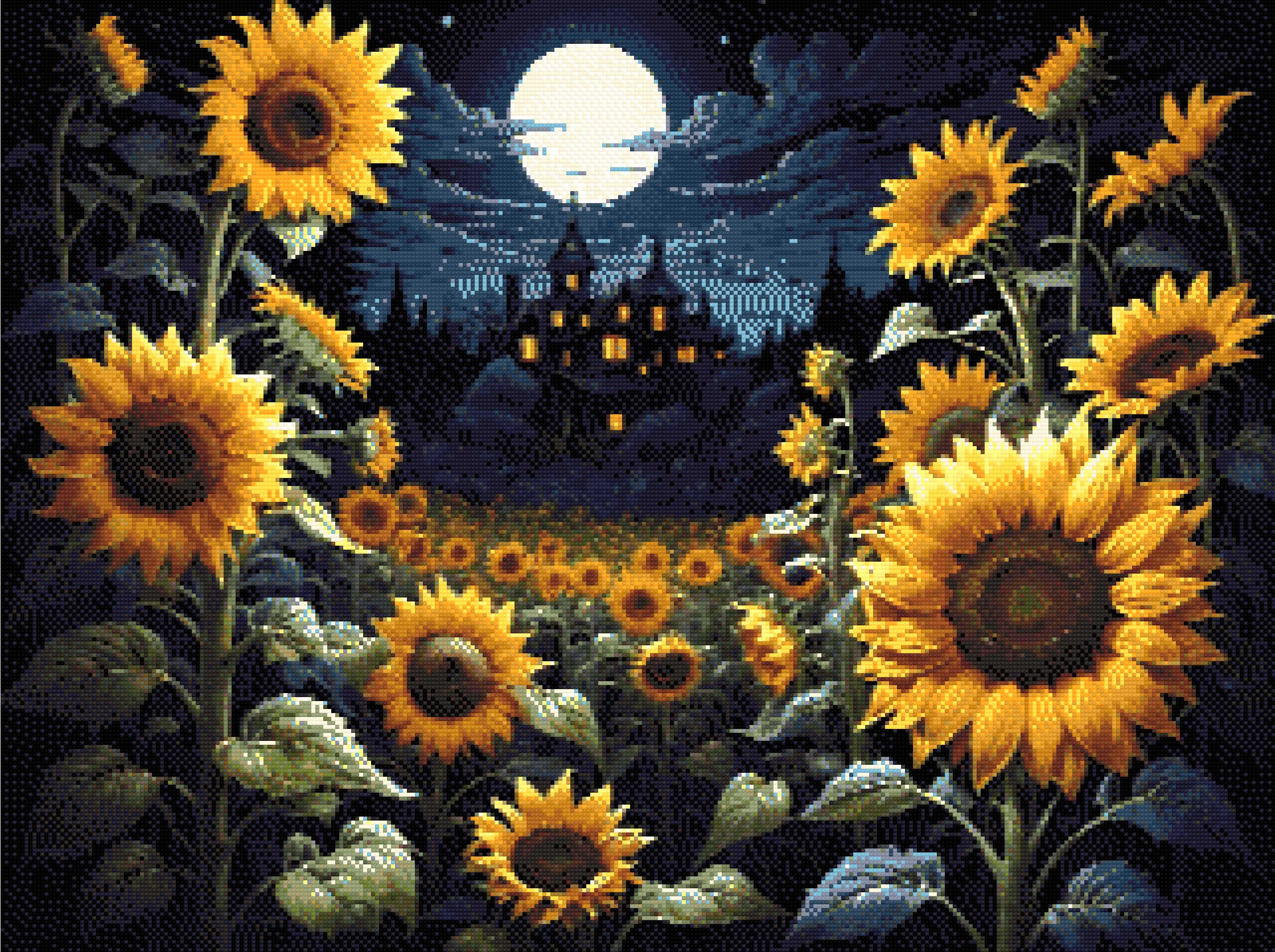 A Diamond Painting Rendering Of Sunflowers Under A Moonlit Sky With A Victorian House In The Background, Radiating A Mystical Aura. Size - 80cm X 60cm