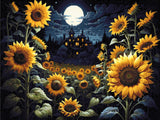 A Diamond Painting Rendering Of Sunflowers Under A Moonlit Sky With A Victorian House In The Background, Radiating A Mystical Aura. Size - 80cm X 60cm