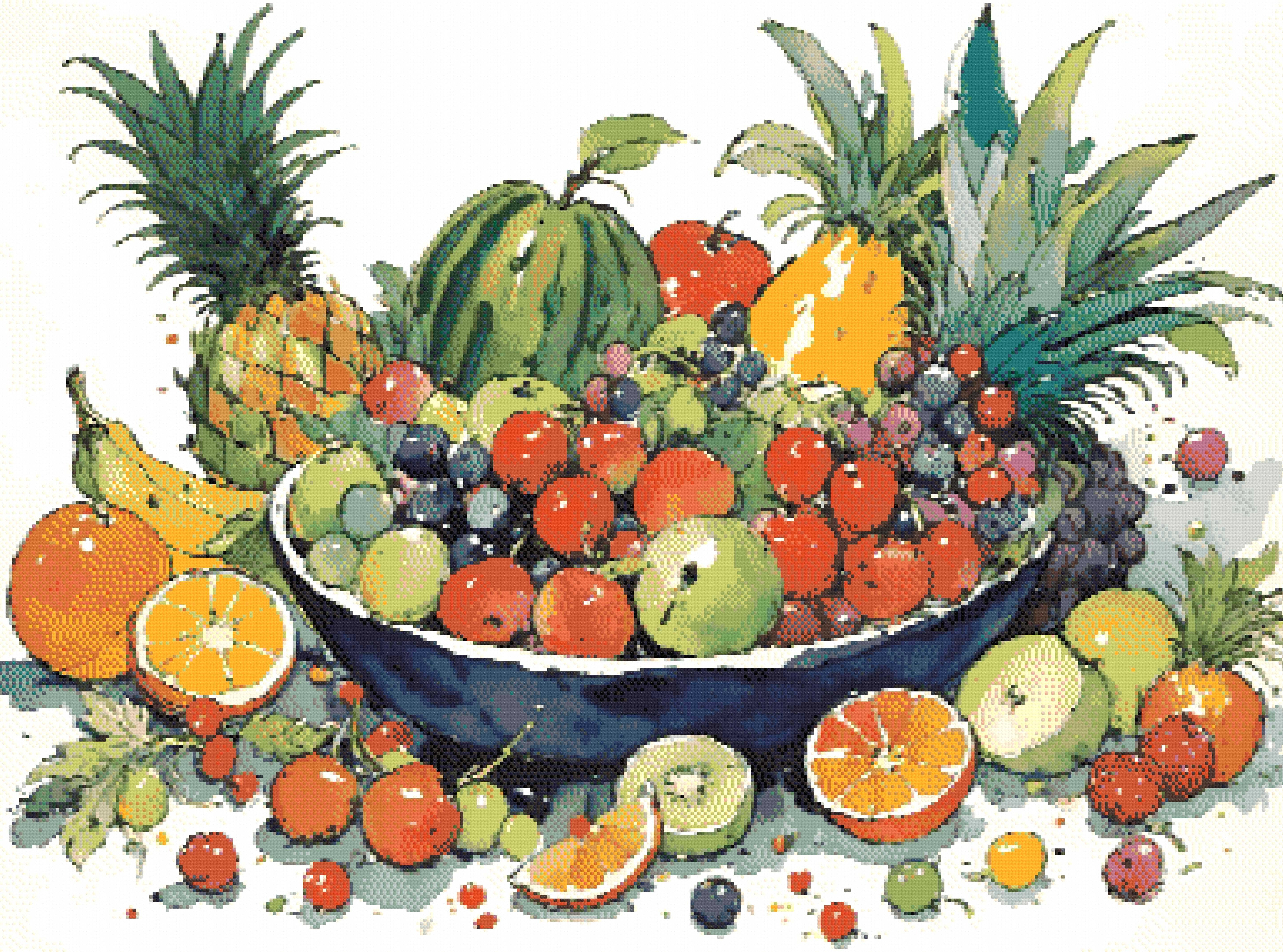 A Diamond Painting Rendering Of Colourful Watercolour Painting Of A Fruit Bowl With Various Fruits Surrounded By Vibrant Splashes. Size - 110cm X 80cm