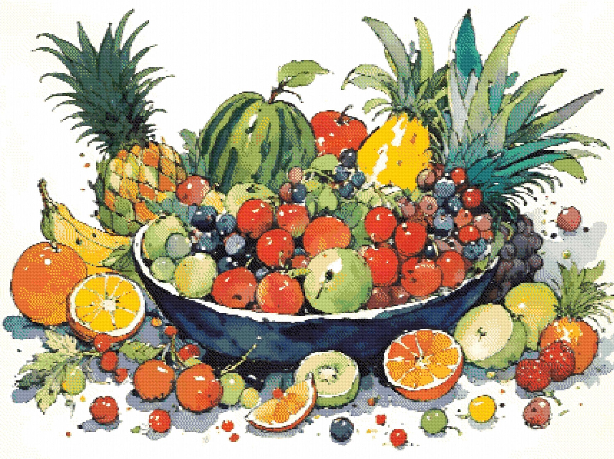 A Diamond Painting Rendering Of Colourful Watercolour Painting Of A Fruit Bowl With Various Fruits Surrounded By Vibrant Splashes. Size - 120cm X 90cm