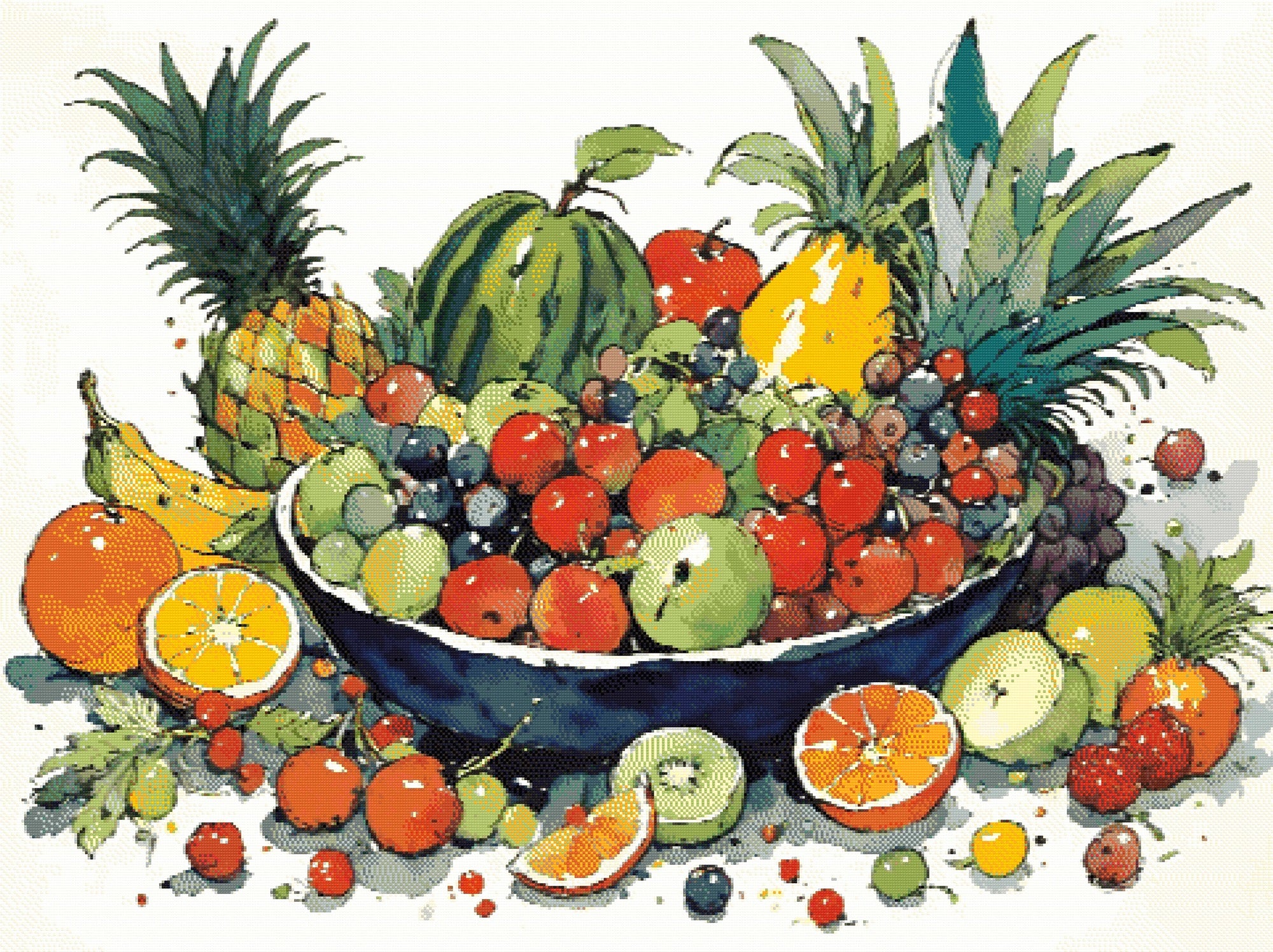 A Diamond Painting Rendering Of Colourful Watercolour Painting Of A Fruit Bowl With Various Fruits Surrounded By Vibrant Splashes. Size - 120cm X 90cm