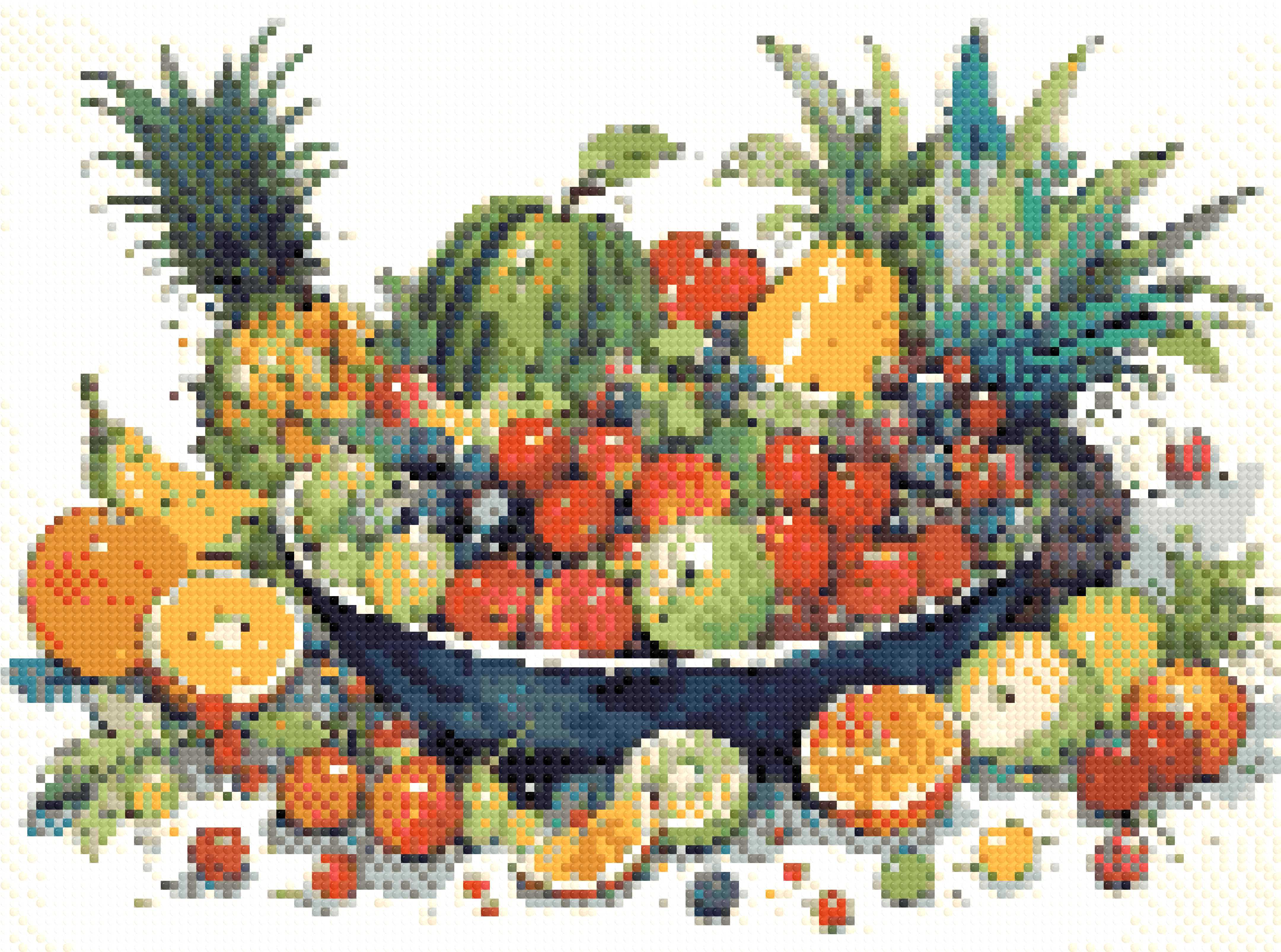 A Diamond Painting Rendering Of Colourful Watercolour Painting Of A Fruit Bowl With Various Fruits Surrounded By Vibrant Splashes. Size - 40cm X 30cm