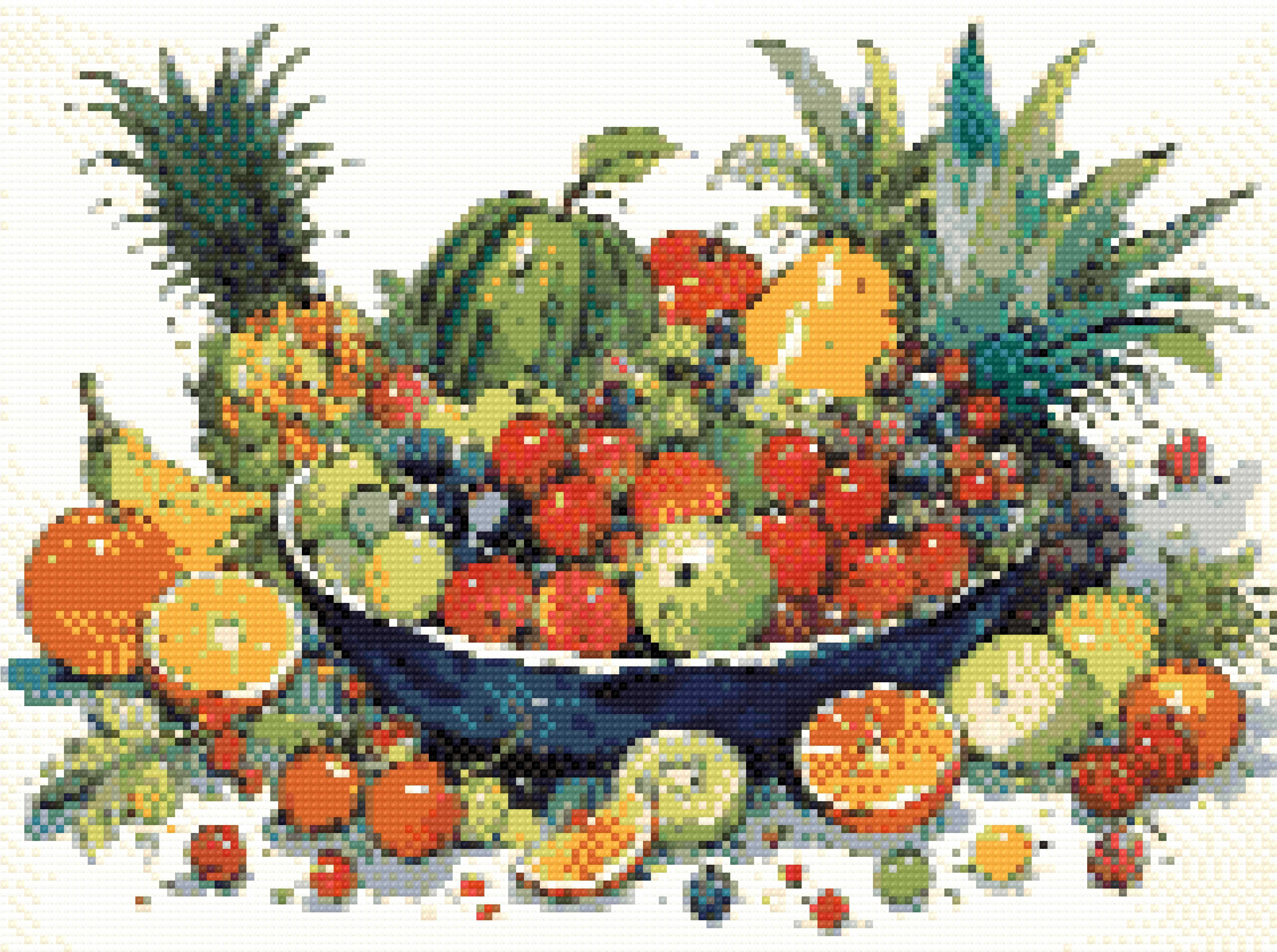 A Diamond Painting Rendering Of Colourful Watercolour Painting Of A Fruit Bowl With Various Fruits Surrounded By Vibrant Splashes. Size - 40cm X 30cm