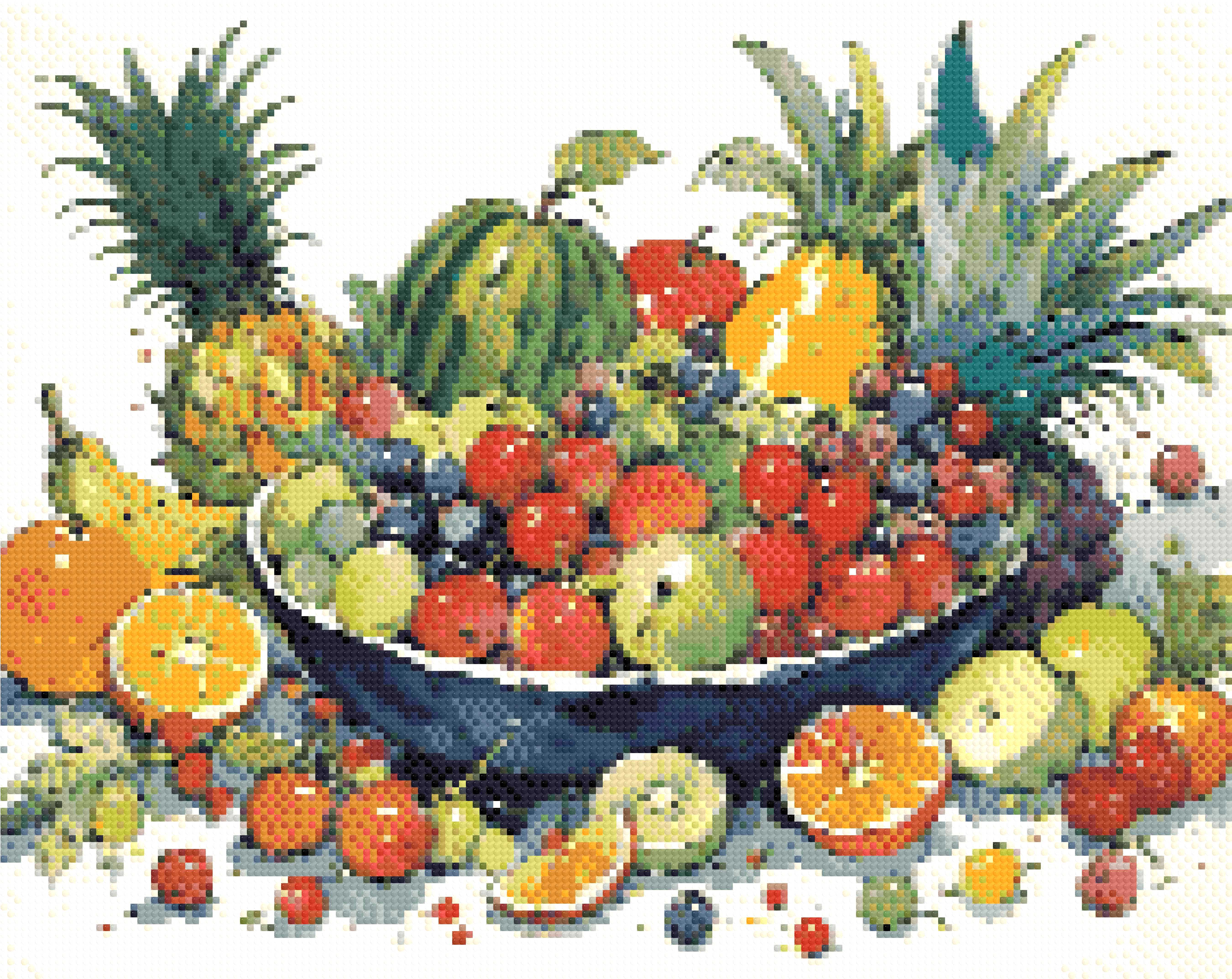 A Diamond Painting Rendering Of Colourful Watercolour Painting Of A Fruit Bowl With Various Fruits Surrounded By Vibrant Splashes. Size - 50cm X 40cm