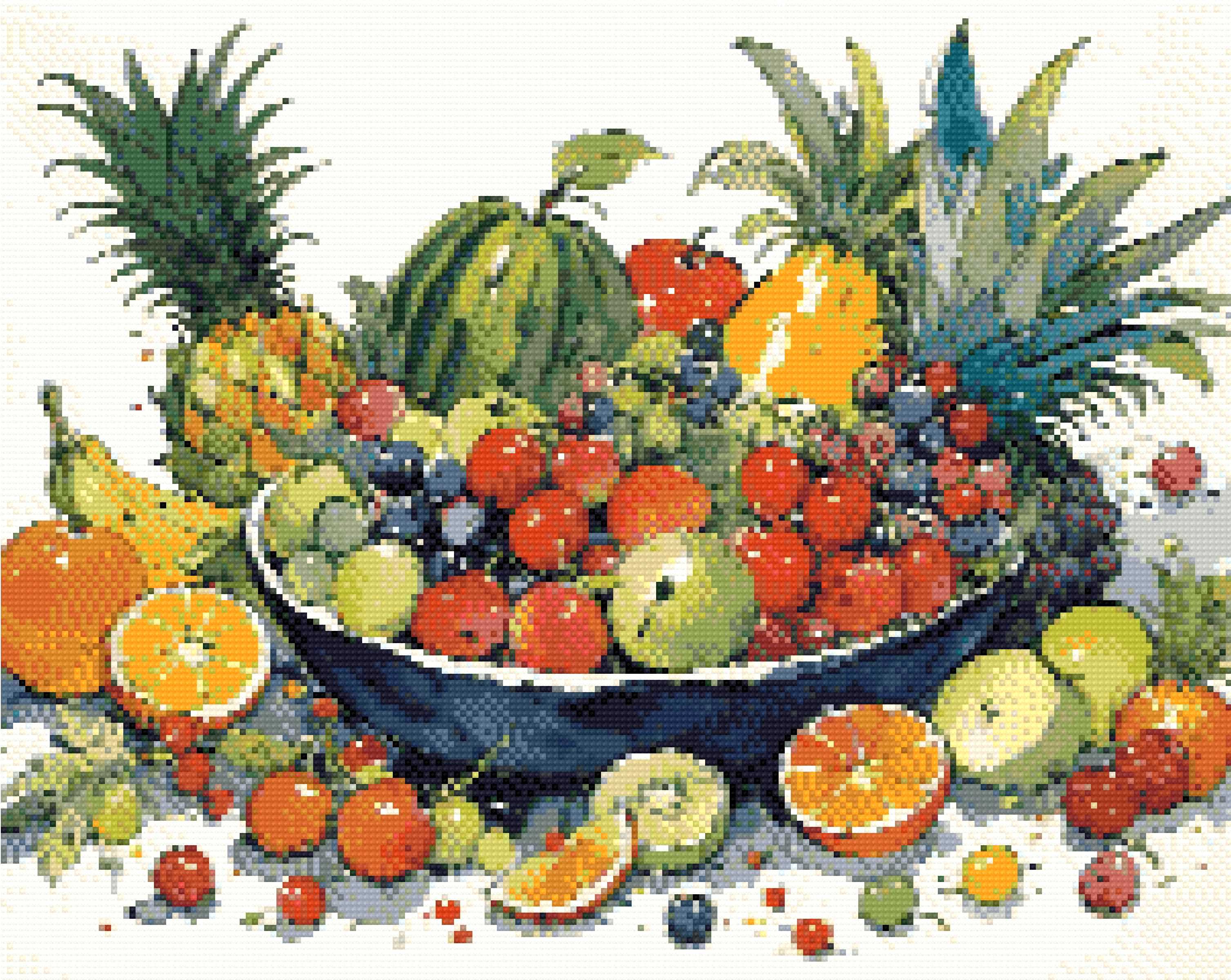 A Diamond Painting Rendering Of Colourful Watercolour Painting Of A Fruit Bowl With Various Fruits Surrounded By Vibrant Splashes. Size - 50cm X 40cm