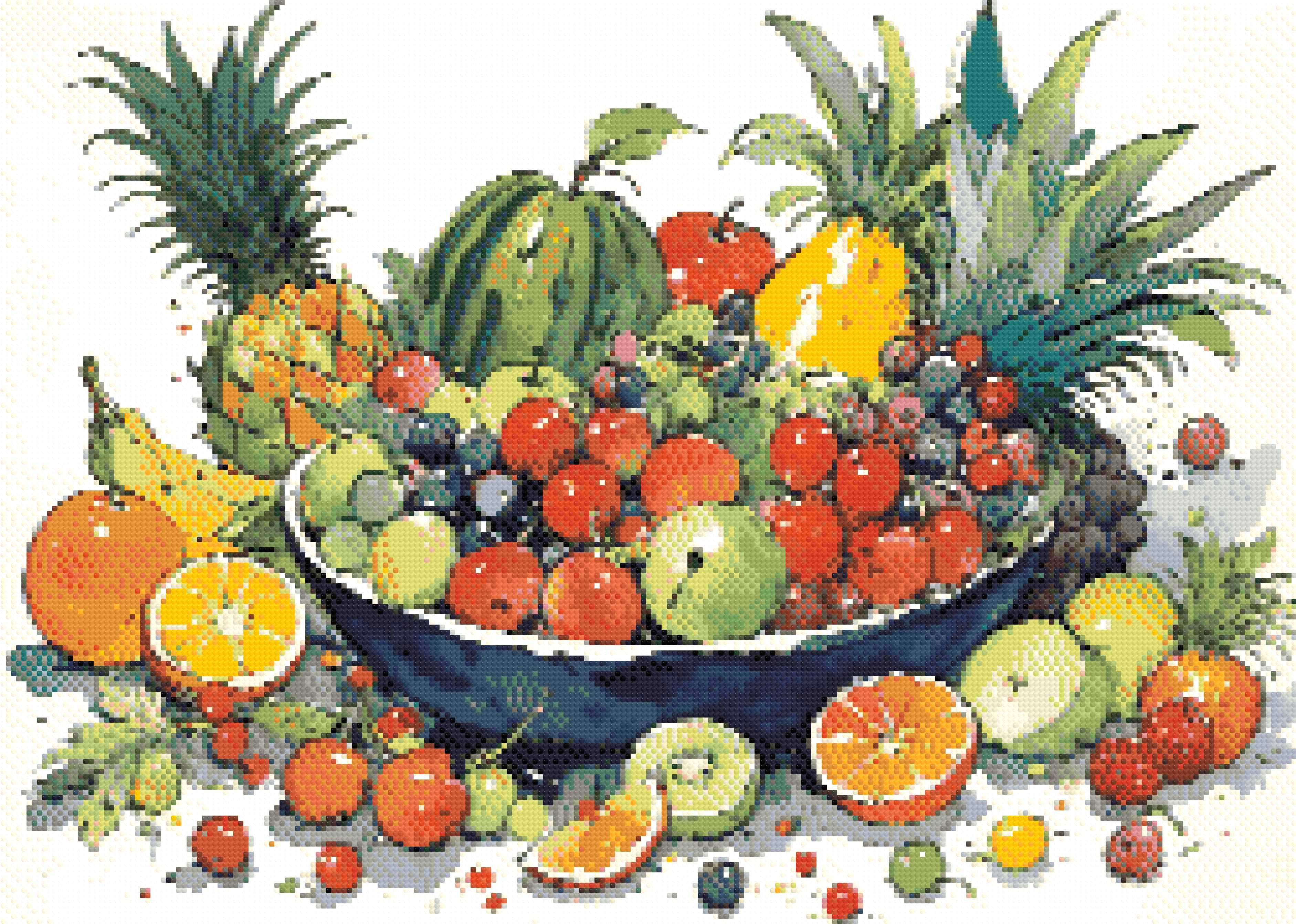 A Diamond Painting Rendering Of Colourful Watercolour Painting Of A Fruit Bowl With Various Fruits Surrounded By Vibrant Splashes. Size - 70cm X 50cm