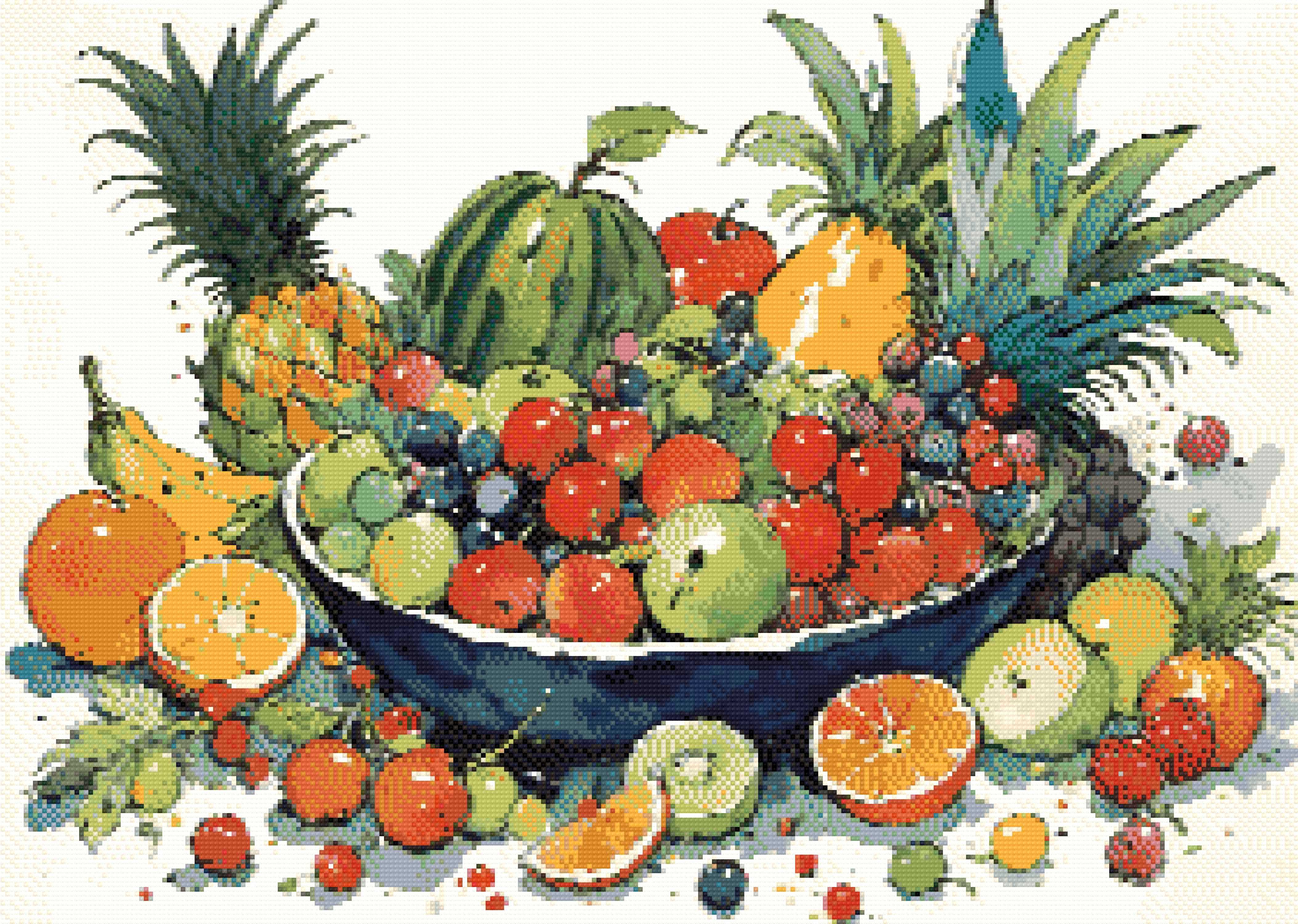 A Diamond Painting Rendering Of Colourful Watercolour Painting Of A Fruit Bowl With Various Fruits Surrounded By Vibrant Splashes. Size - 70cm X 50cm