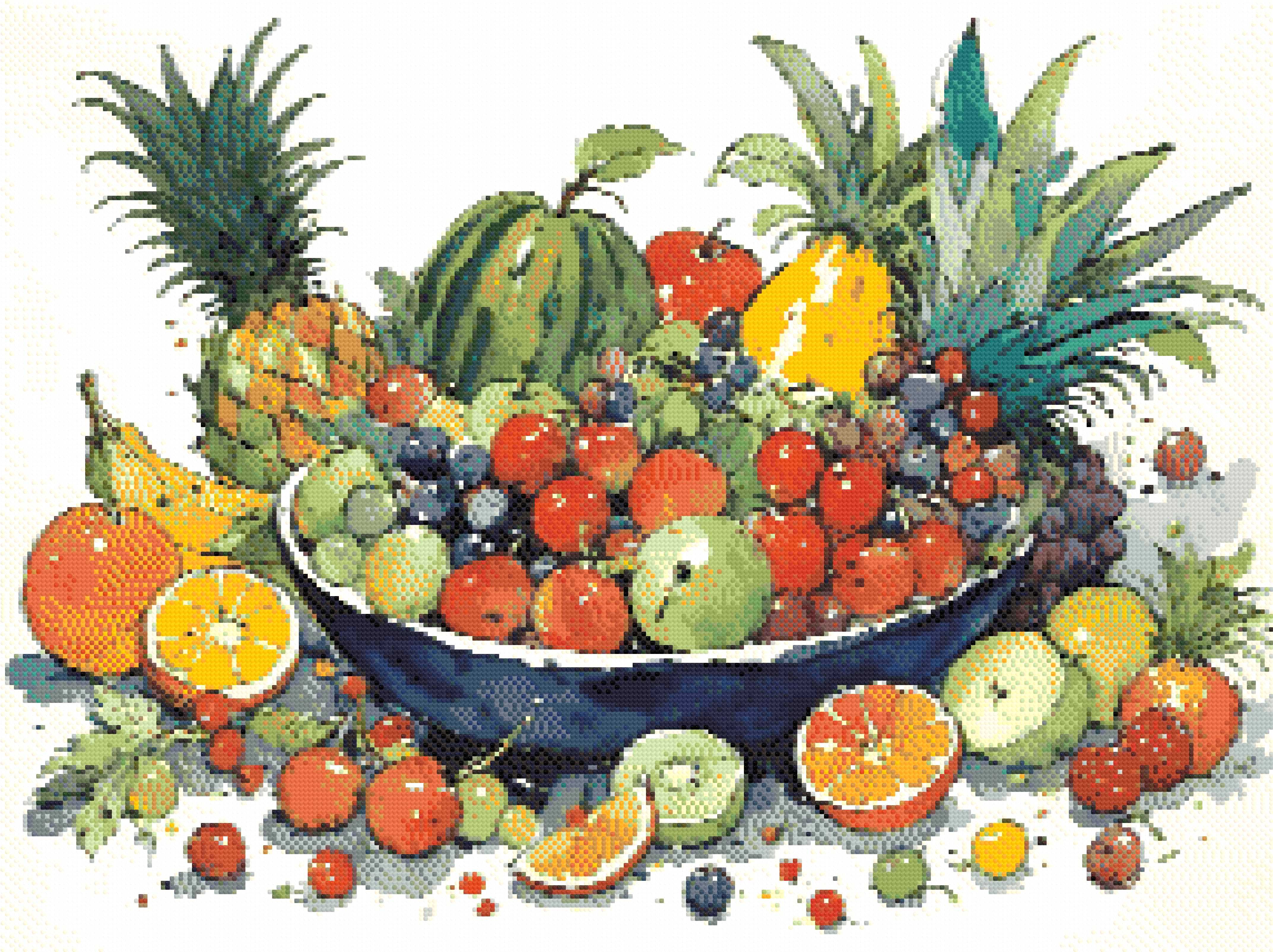 A Diamond Painting Rendering Of Colourful Watercolour Painting Of A Fruit Bowl With Various Fruits Surrounded By Vibrant Splashes. Size - 80cm X 60cm
