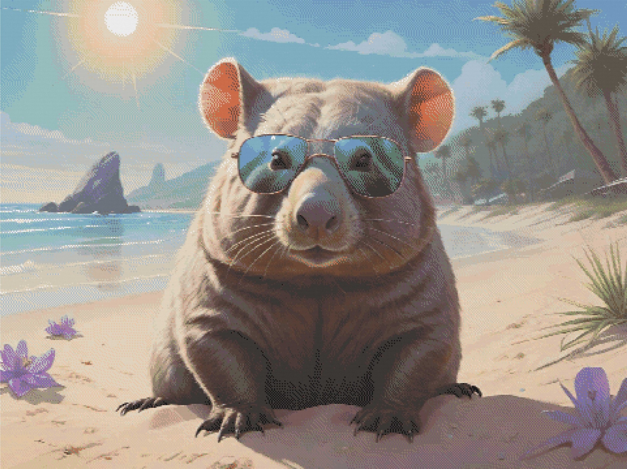 A Diamond Painting Rendering Of A Wombat In Blue Sunglasses Lounges On A Sunny Beach With Palms And Rocks In The Background.. Size - 40cm X 30cm