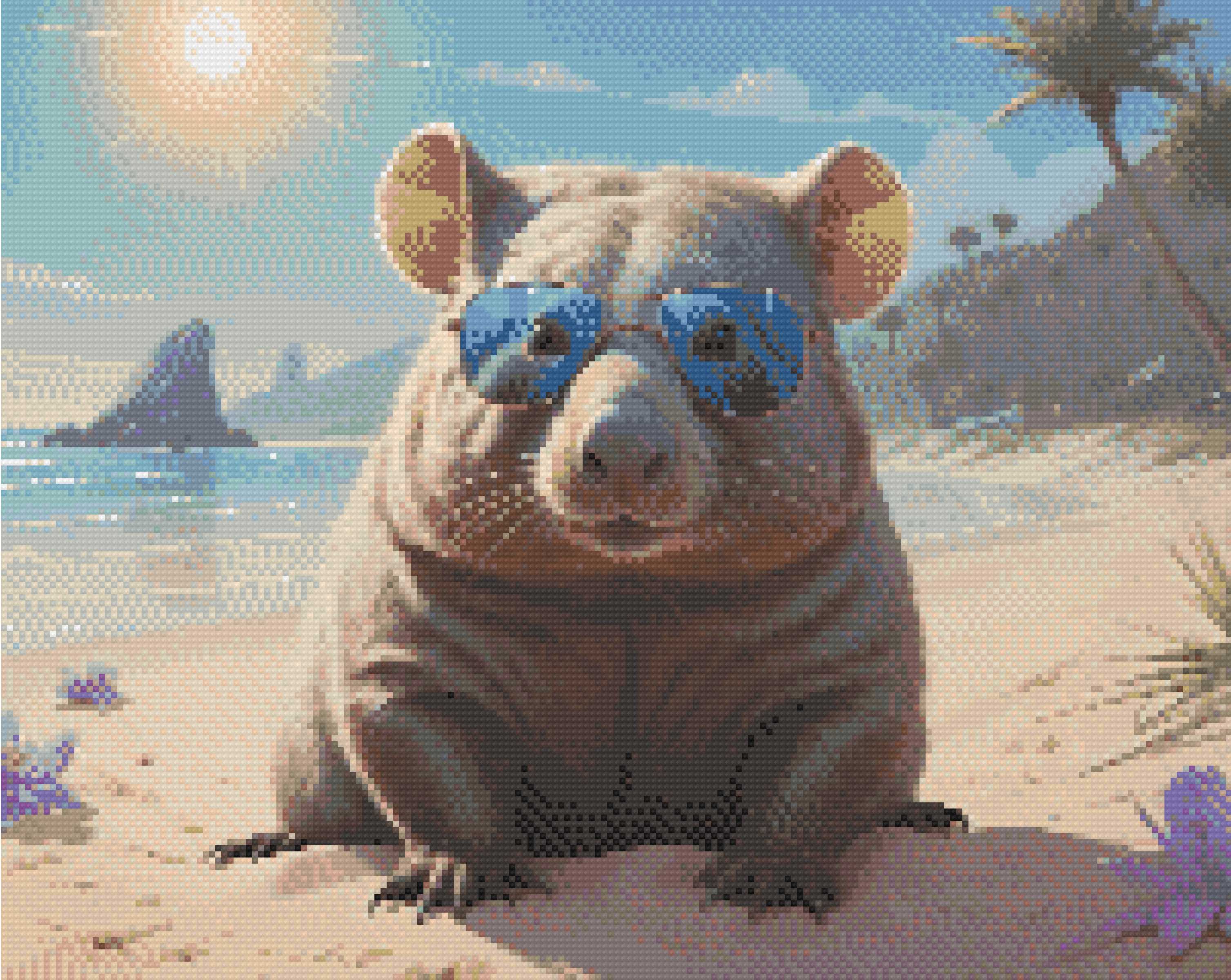 A Diamond Painting Rendering Of A Wombat In Blue Sunglasses Lounges On A Sunny Beach With Palms And Rocks In The Background.. Size - 40cm X 30cm