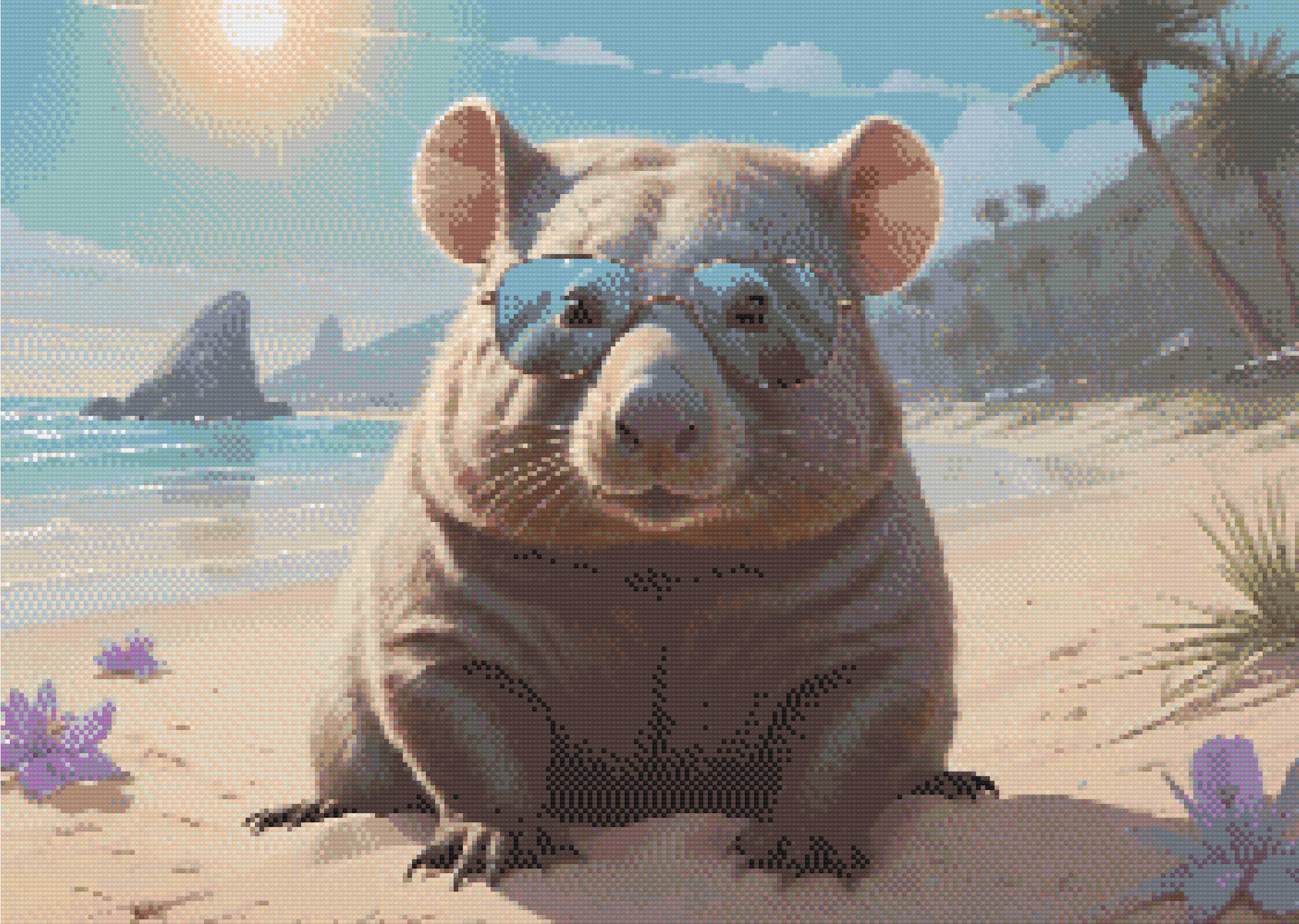 A Diamond Painting Rendering Of A Wombat In Blue Sunglasses Lounges On A Sunny Beach With Palms And Rocks In The Background.. Size - 40cm X 30cm