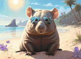 A Diamond Painting Rendering Of A Wombat In Blue Sunglasses Lounges On A Sunny Beach With Palms And Rocks In The Background.. Size - 40cm X 30cm