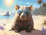 A Diamond Painting Rendering Of A Wombat In Blue Sunglasses Lounges On A Sunny Beach With Palms And Rocks In The Background.. Size - 40cm X 30cm