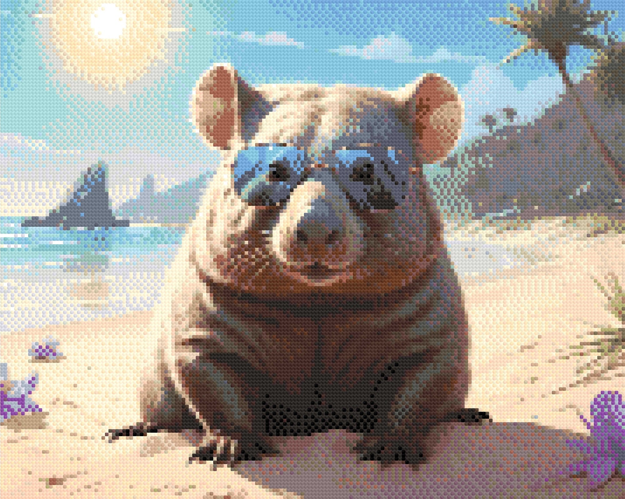 A Diamond Painting Rendering Of A Wombat In Blue Sunglasses Lounges On A Sunny Beach With Palms And Rocks In The Background.. Size - 40cm X 30cm