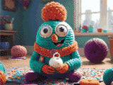 A Diamond Painting Rendering Of A Whimsical Crocheted Creature With Large Eyes Holds A White Crocheted Object In A Colourful, Yarn-filled Room.. Size - 40cm X 30cm