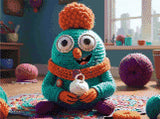 A Diamond Painting Rendering Of A Whimsical Crocheted Creature With Large Eyes Holds A White Crocheted Object In A Colourful, Yarn-filled Room.. Size - 40cm X 30cm