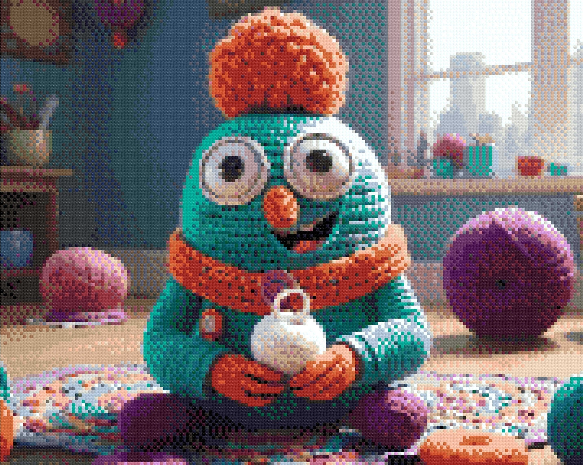 A Diamond Painting Rendering Of A Whimsical Crocheted Creature With Large Eyes Holds A White Crocheted Object In A Colourful, Yarn-filled Room.. Size - 50cm X 40cm