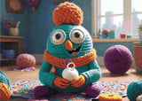 A Diamond Painting Rendering Of A Whimsical Crocheted Creature With Large Eyes Holds A White Crocheted Object In A Colourful, Yarn-filled Room.. Size - 70cm X 50cm