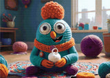 A Diamond Painting Rendering Of A Whimsical Crocheted Creature With Large Eyes Holds A White Crocheted Object In A Colourful, Yarn-filled Room.. Size - 70cm X 50cm