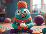 A Diamond Painting Rendering Of A Whimsical Crocheted Creature With Large Eyes Holds A White Crocheted Object In A Colourful, Yarn-filled Room.. Size - 80cm X 60cm