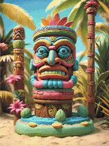 A colourful totem statue with a vibrant face stands on a sandy beach, surrounded by palm trees and exotic plants.
