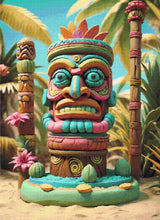 A Diamond Painting Rendering Of A Colourful Totem Statue With A Vibrant Face Stands On A Sandy Beach, Surrounded By Palm Trees And Exotic Plants.. Size - 80cm X 110cm