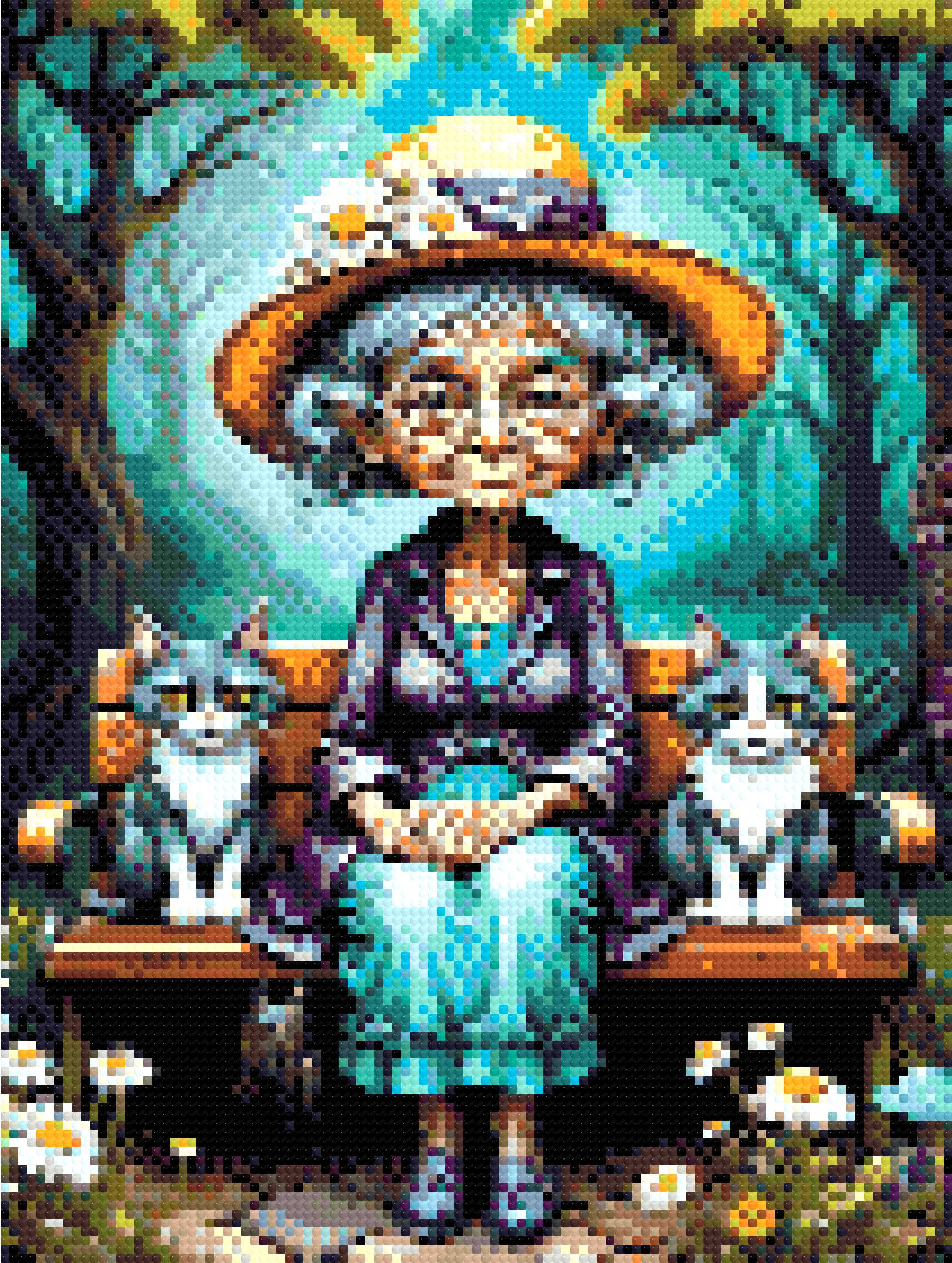 A Diamond Painting Rendering Of An Elderly Lady In A Straw Hat And Purple Jacket Sits On A Bench With Two Cats In A Whimsical Forest Setting. Size - 30cm X 40cm