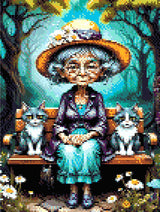 A Diamond Painting Rendering Of An Elderly Lady In A Straw Hat And Purple Jacket Sits On A Bench With Two Cats In A Whimsical Forest Setting. Size - 30cm X 40cm