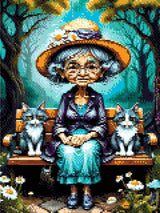 A Diamond Painting Rendering Of An Elderly Lady In A Straw Hat And Purple Jacket Sits On A Bench With Two Cats In A Whimsical Forest Setting. Size - 30cm X 40cm