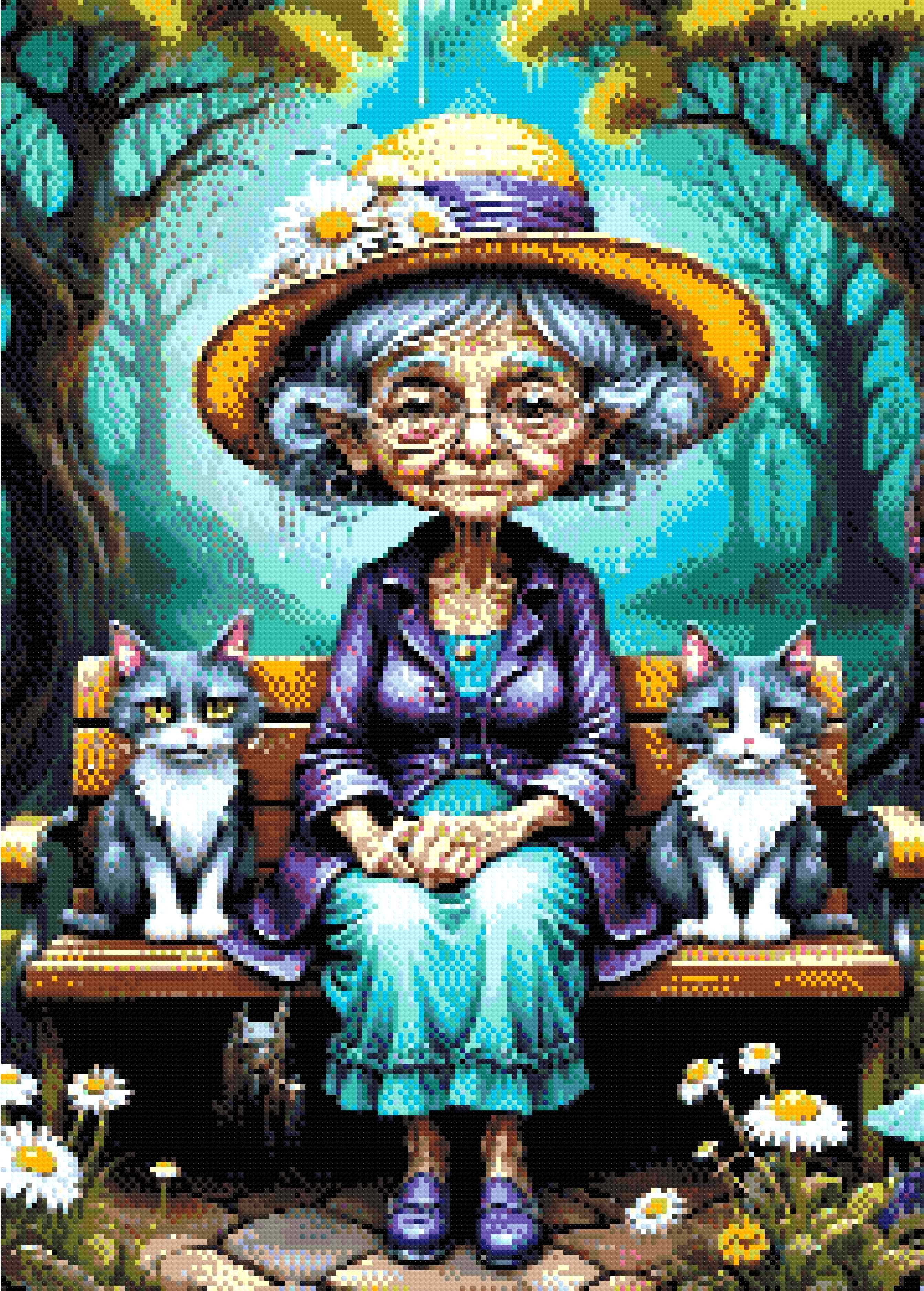 A Diamond Painting Rendering Of An Elderly Lady In A Straw Hat And Purple Jacket Sits On A Bench With Two Cats In A Whimsical Forest Setting. Size - 50cm X 70cm