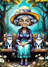 A Diamond Painting Rendering Of An Elderly Lady In A Straw Hat And Purple Jacket Sits On A Bench With Two Cats In A Whimsical Forest Setting. Size - 50cm X 70cm