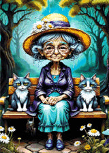A Diamond Painting Rendering Of An Elderly Lady In A Straw Hat And Purple Jacket Sits On A Bench With Two Cats In A Whimsical Forest Setting. Size - 50cm X 70cm