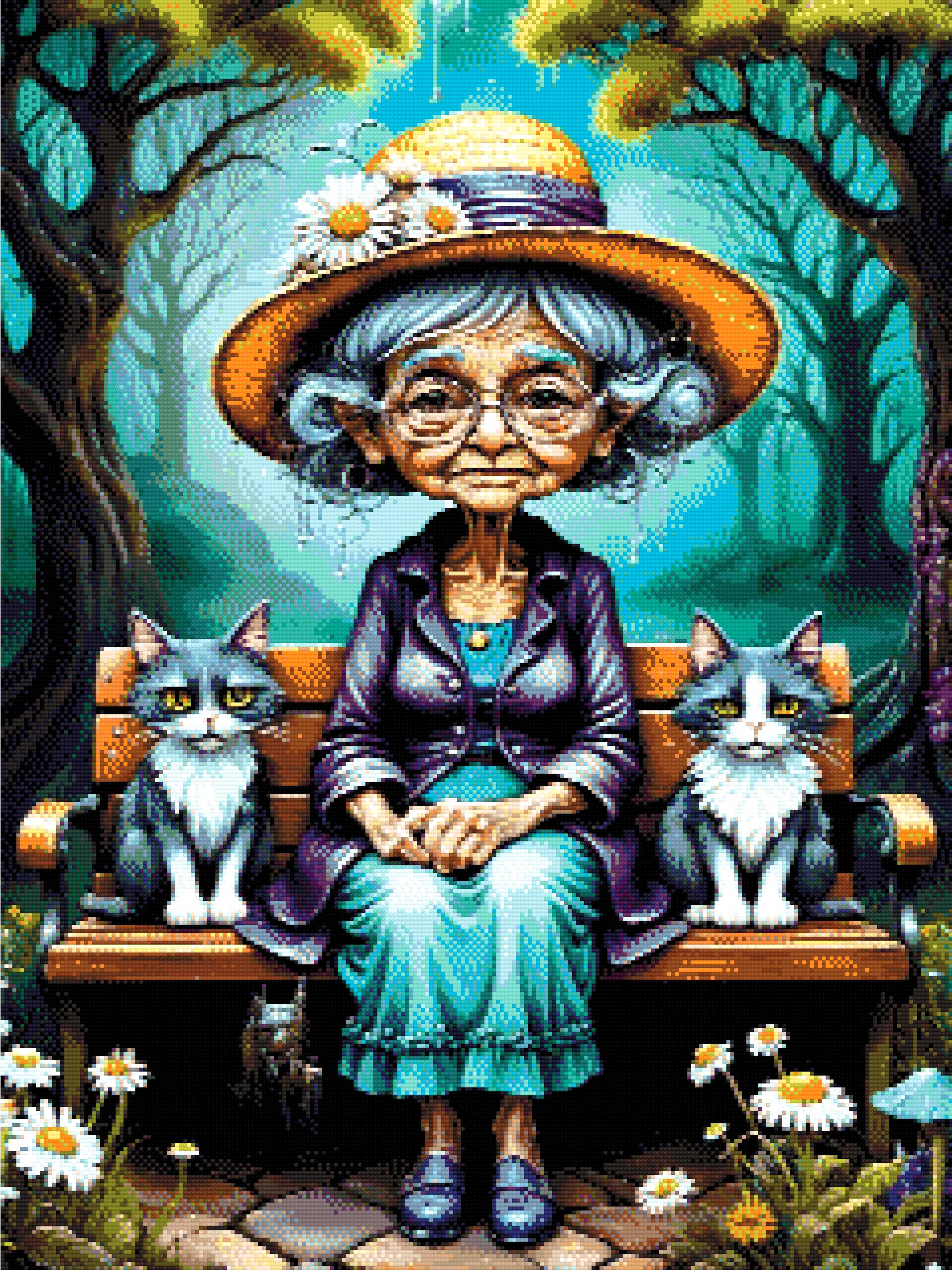 A Diamond Painting Rendering Of An Elderly Lady In A Straw Hat And Purple Jacket Sits On A Bench With Two Cats In A Whimsical Forest Setting. Size - 60cm X 80cm