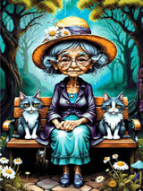 A Diamond Painting Rendering Of An Elderly Lady In A Straw Hat And Purple Jacket Sits On A Bench With Two Cats In A Whimsical Forest Setting. Size - 60cm X 80cm