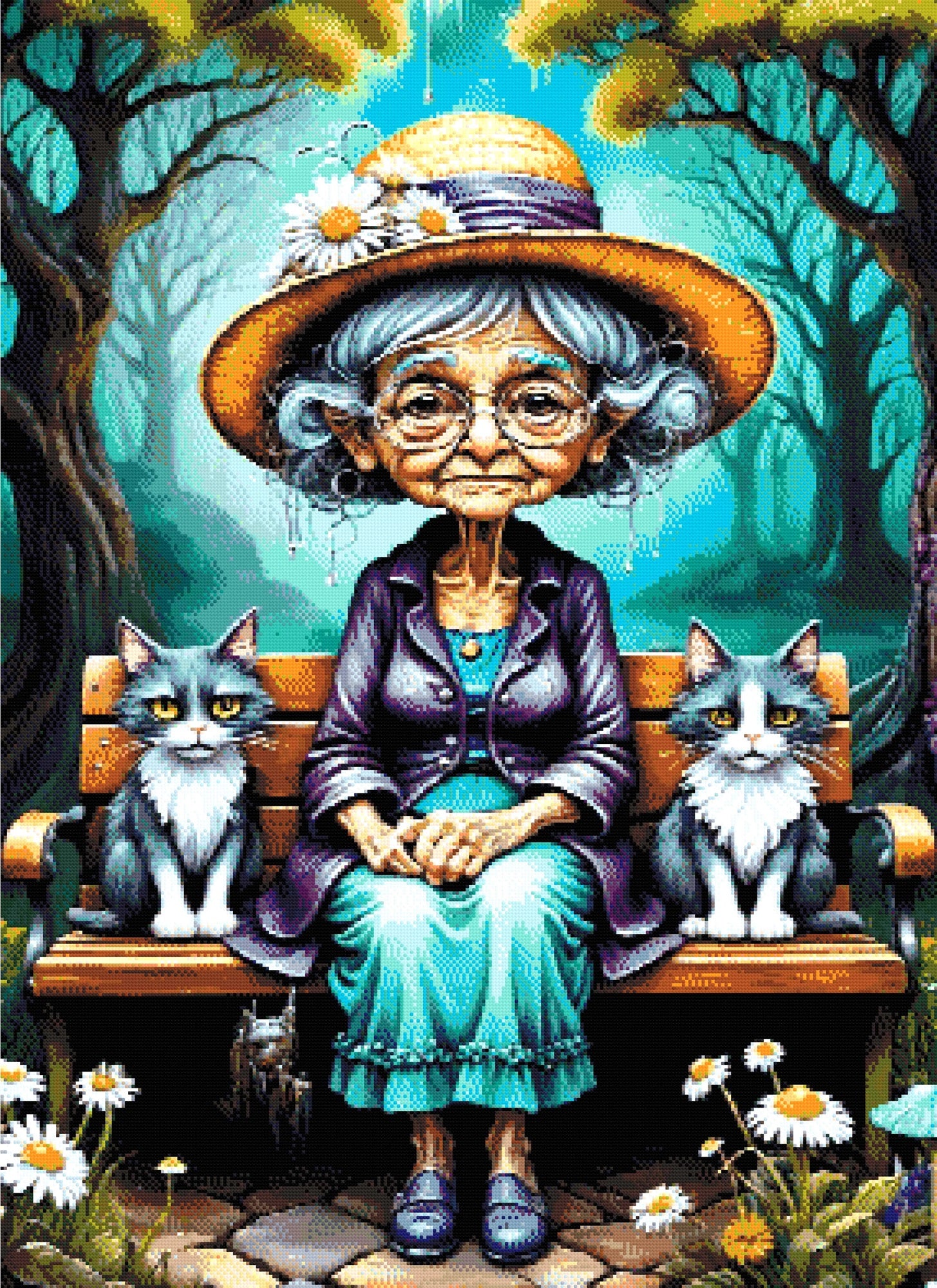 A Diamond Painting Rendering Of An Elderly Lady In A Straw Hat And Purple Jacket Sits On A Bench With Two Cats In A Whimsical Forest Setting. Size - 80cm X 110cm
