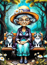 A Diamond Painting Rendering Of An Elderly Lady In A Straw Hat And Purple Jacket Sits On A Bench With Two Cats In A Whimsical Forest Setting. Size - 80cm X 110cm