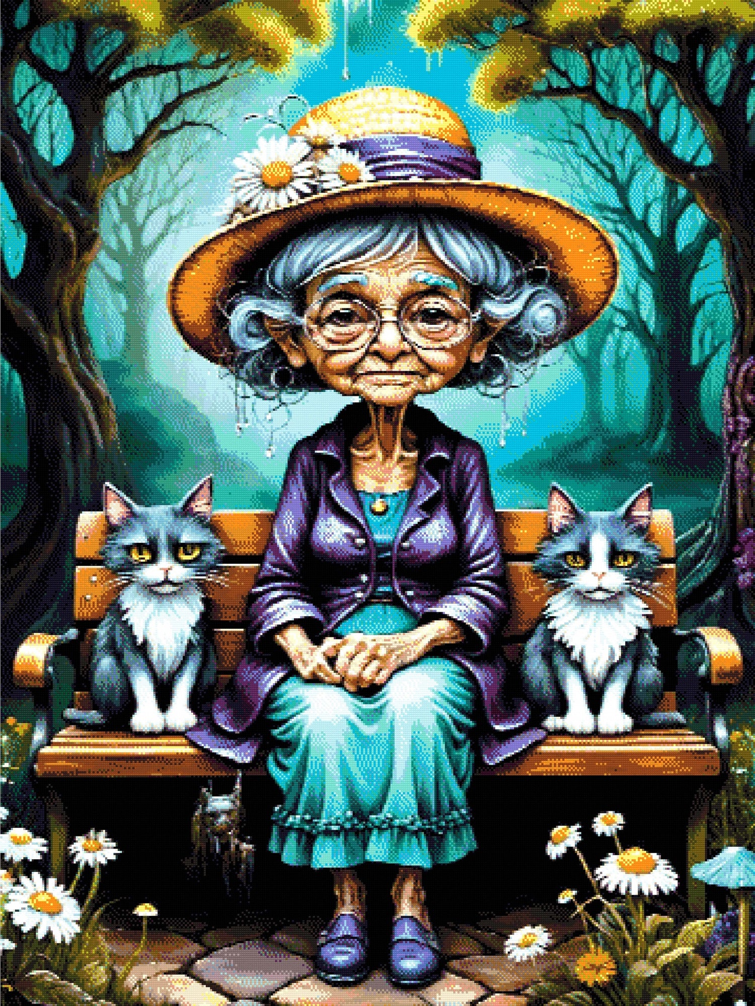 A Diamond Painting Rendering Of An Elderly Lady In A Straw Hat And Purple Jacket Sits On A Bench With Two Cats In A Whimsical Forest Setting. Size - 90cm X 120cm